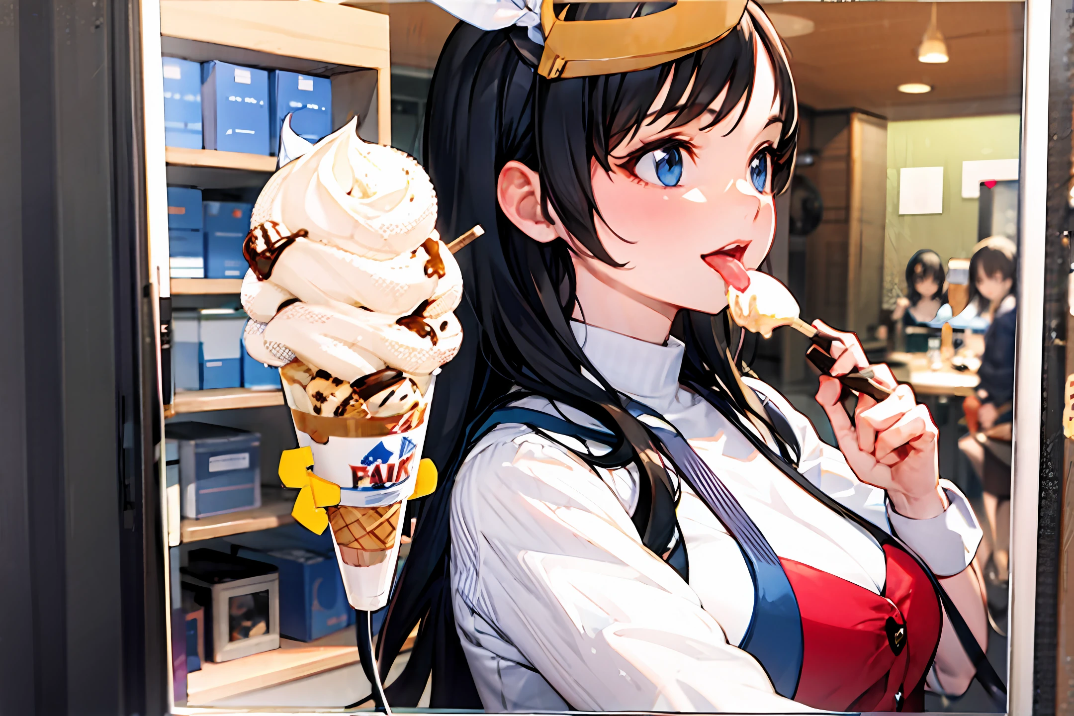 Bettie Page woman licking [thick AND ice cream cone:soft serve ice cream], tongue out, [giving ice cream], [holding in hand AND holding ice cream cone:holding soft serve ice cream in hand], [ice cream serve ice cream], (angled view, view from side, sideview:1), (awaitingtongue:0.4),(ALATSuckFace:0.3), [giving AND licking soft serve ice cream:licking soft serve ice cream], realistic tongue, triple scoop soft serve, tall ice cream, closeup, POV, messy ice cream, multiple scoops of ice cream, (LOP:0.5), (waffle cone:1.0), collar, sexy tongue, 1girl, (Koh_SashaGrey:0.7)