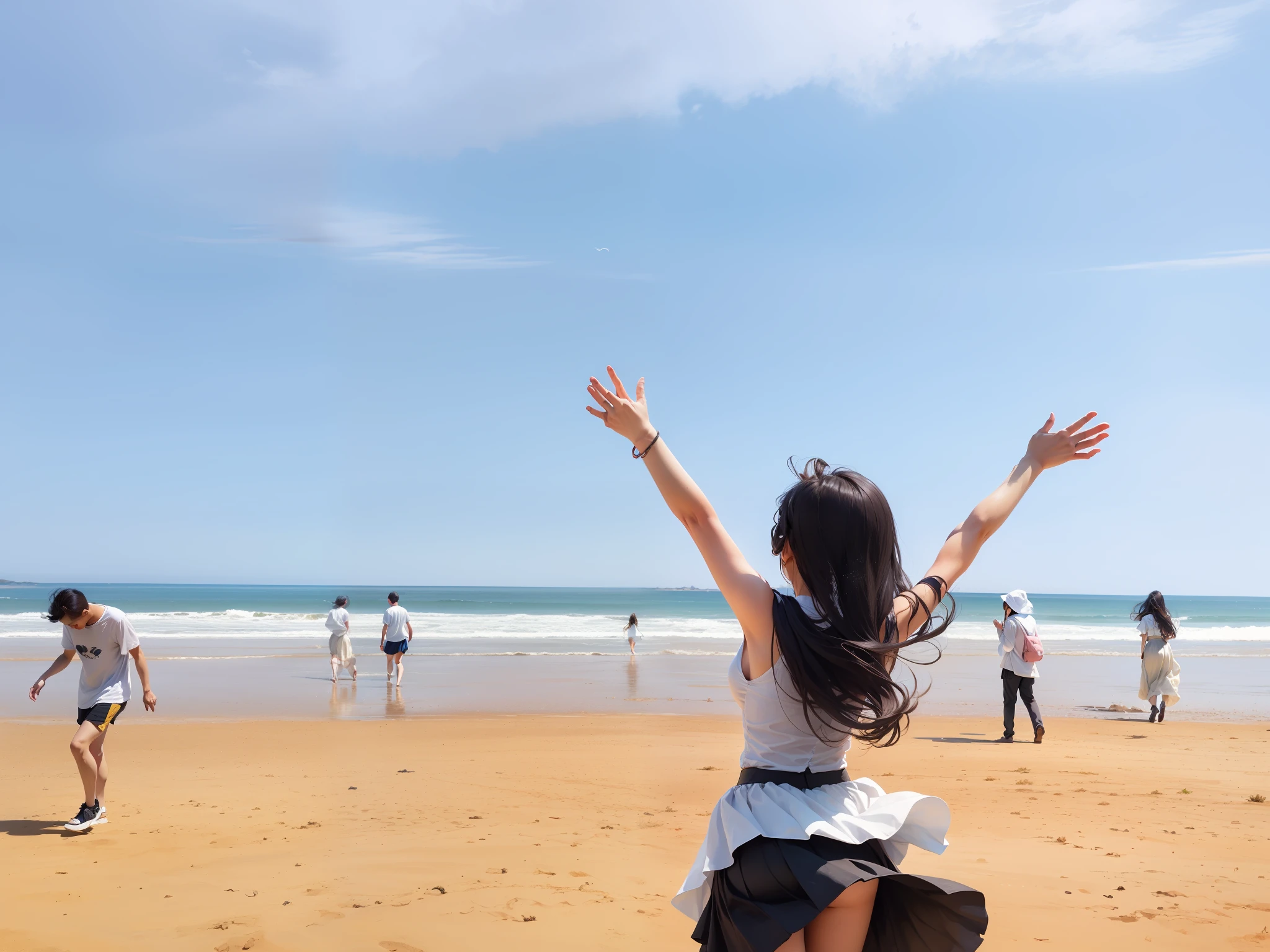 (white skirt:1.2),flowy,Stroll through the vast space,With the breeze blowing,Feel the presence of tranquility,It seems to be a gentle and elegant painting。