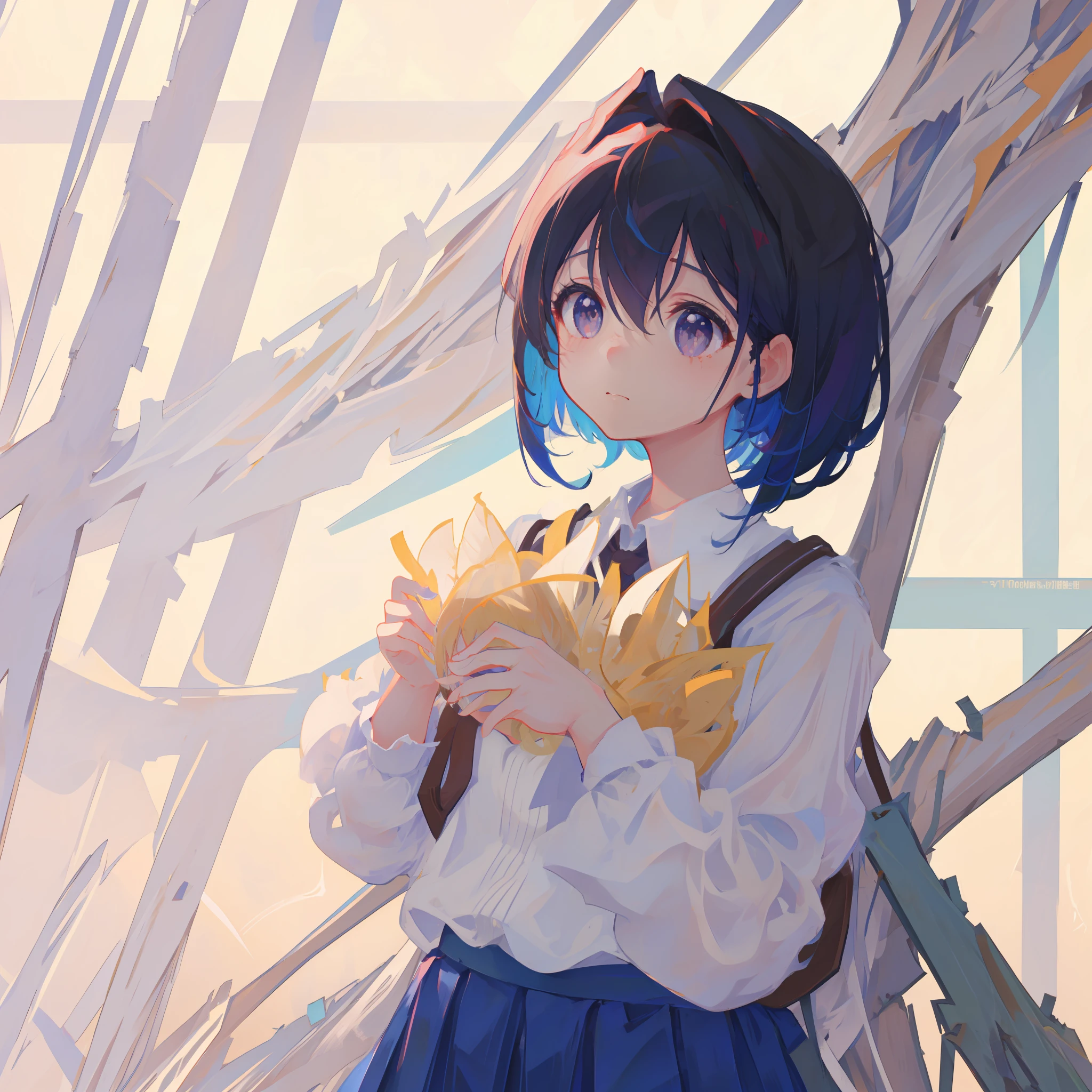 ((4k,masterpiece,best quality))，Dim background，Background of ruined buildings，Hands over your head，Puff out your cheeks，Shed a little tear，short detailed hair，Purple-black hair，female high-school student