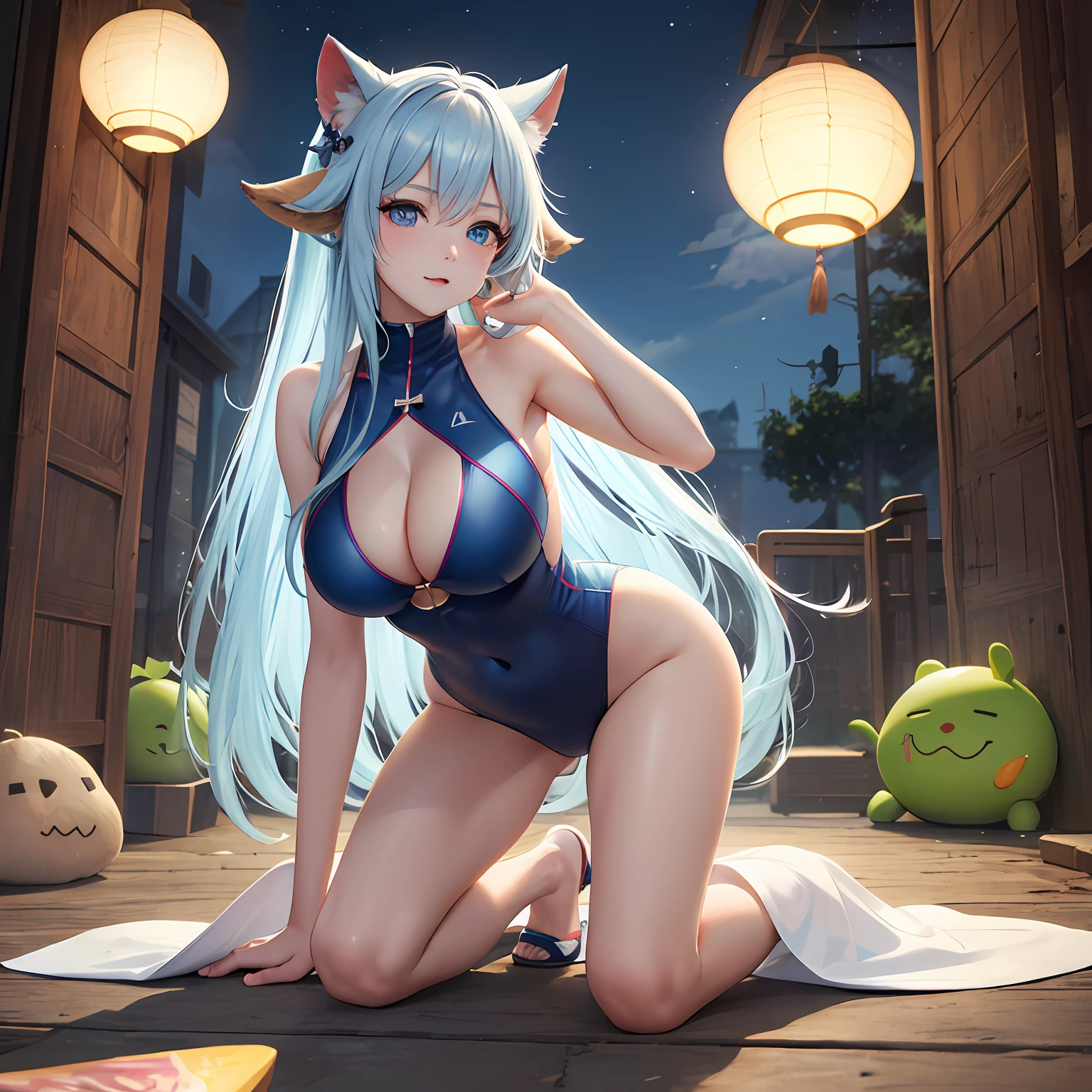 (style of anime+Need)，Ultra skirt+quadratic element，adolable+sprout+Lori huge breasts cleavage，white skinned+long whitr hair+blue color eyes，full bodyesbian+Side Body+Turn your head and turn your face，Beast Girl+beast ear，Anterior convex and posterior，Wear less clothing，is shy，solo person，Brace your hands on the ground，Kneeling on both knees，比基尼，Three-point swimsuit