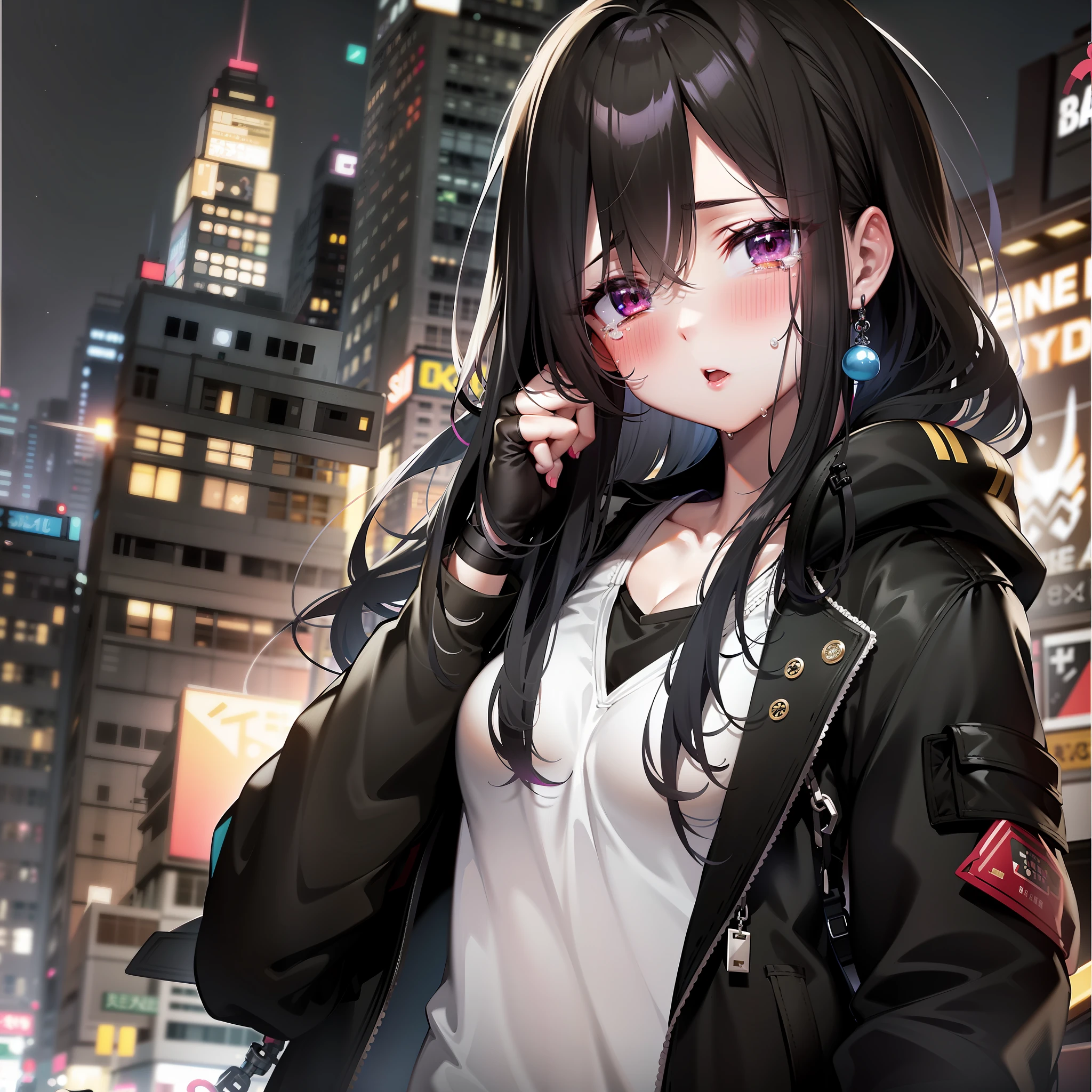 Anime girl in city night, style of anime4 K, Anime girls wear hoodies, animemanga girl, anime moe art style, 4K anime wallpaper, (Anime girl), urban girl fanart, anime visual of a cute girl, up of young anime girl, Anime wallpaper 4 k, Anime wallpaper 4K, Anime style. 8K，There were tears in his eyes