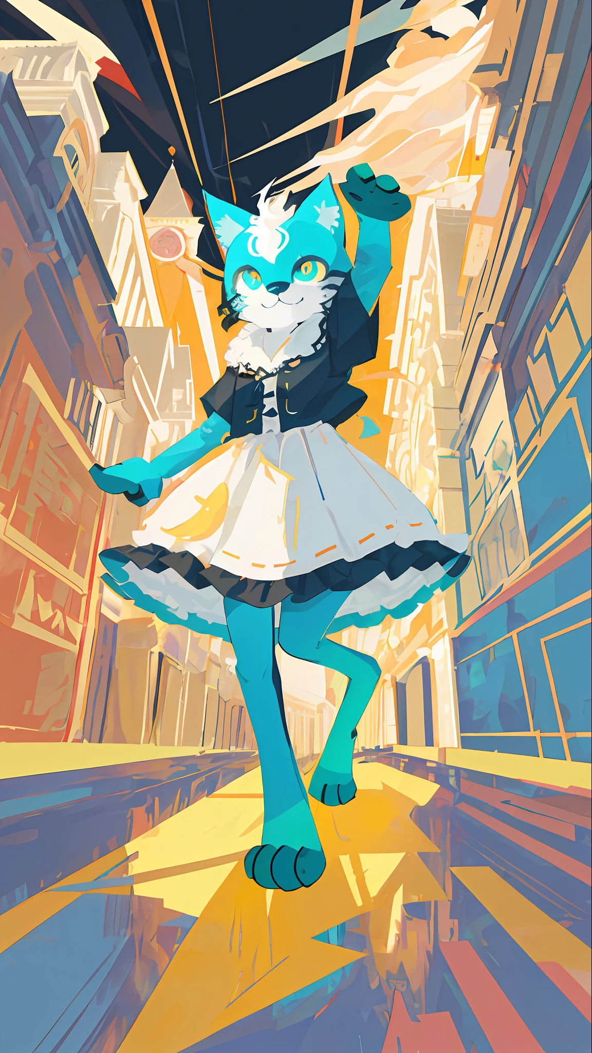 animal poster, flat illustration, vector art((kemono, furry, supercute cat girl))(Anthro: 1.7)dancing a waltz in a white dress at a church, sparkling big eyes, perspective, vivid color,