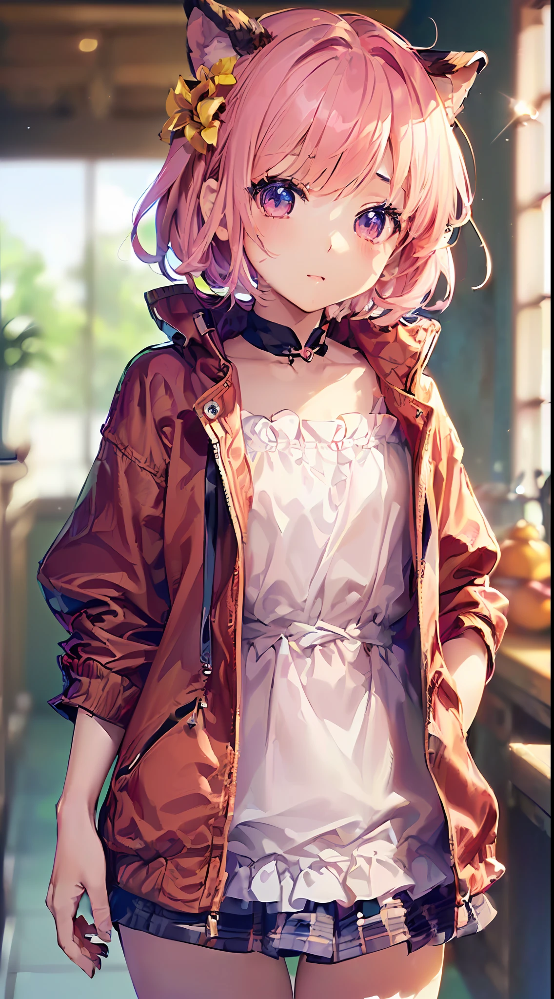 「(8k wallpaper:1.5)、(high-level image quality:1.3)、(animesque:1.8)、(girl with、独奏、cute little、short-hair:1.8)、(beatiful detailed eyes:1.3)、(jaket、Lunette de soleil:1.3)、(pink there、an orange、amaryllis:1.3)」