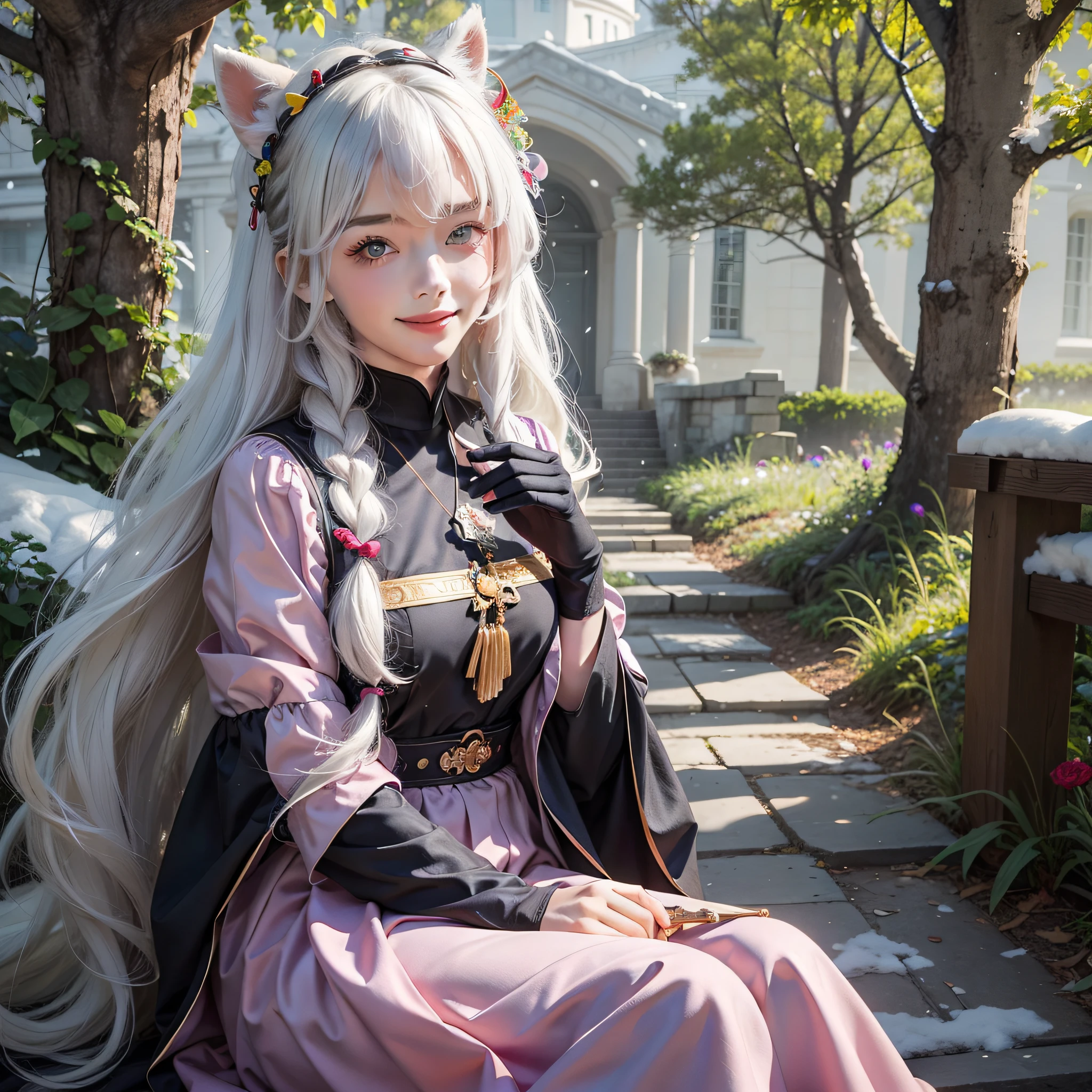 top-quality, masterpiece, high-level image quality, 1girl in、(Unicorn horns from the forehead)、snow-white hair、kawaii、Twin-tailed、a picture, hight resolution, 4K, 8K, Society Sisters、Monastic cap、Monastic uniforms、Hold the wand、Looking at the camera、A smile、great outdoors