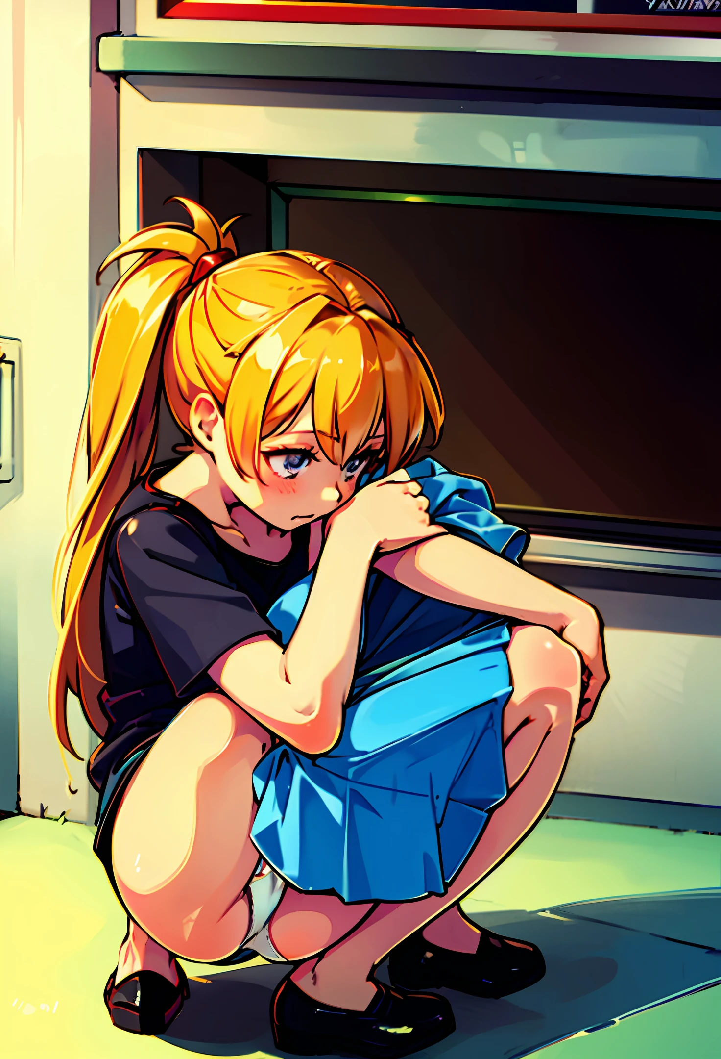 blonde double ponytail miniskirt squatting down to reveal panties