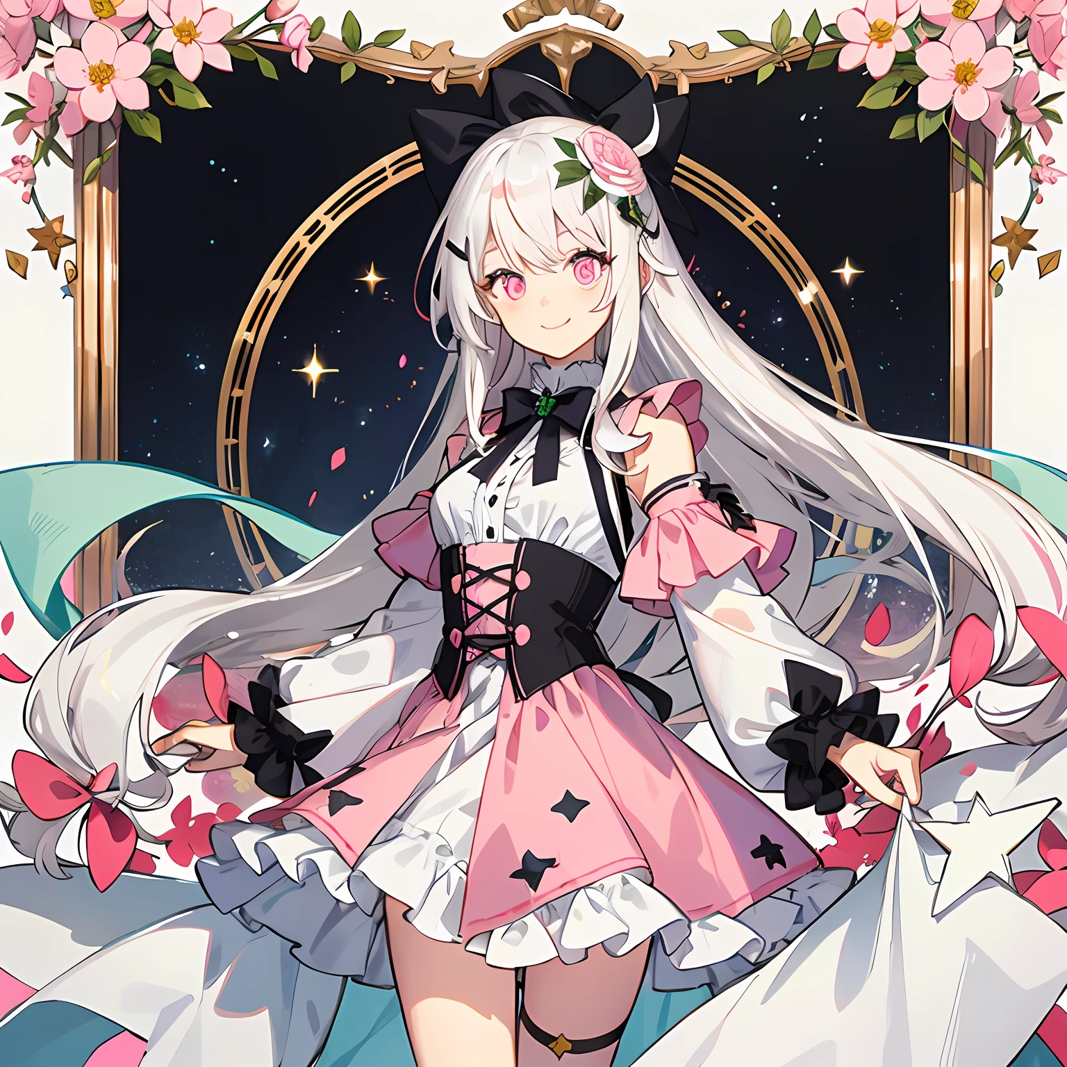 Dark pink hair, Extra-long hair hanging down, bangs, Asymmetrical hair, white hair ornament, Hair Bow, flowers in head,Miss Leprechaun, Star-shaped pupils, Pink eyes,Pink eyes, pupils sparkling, Light smile, Smile,tilts your head, Anime, character sheets, solo person,hyper HD, Super detail, A high resolution,A half body,Bigchest,nakeness