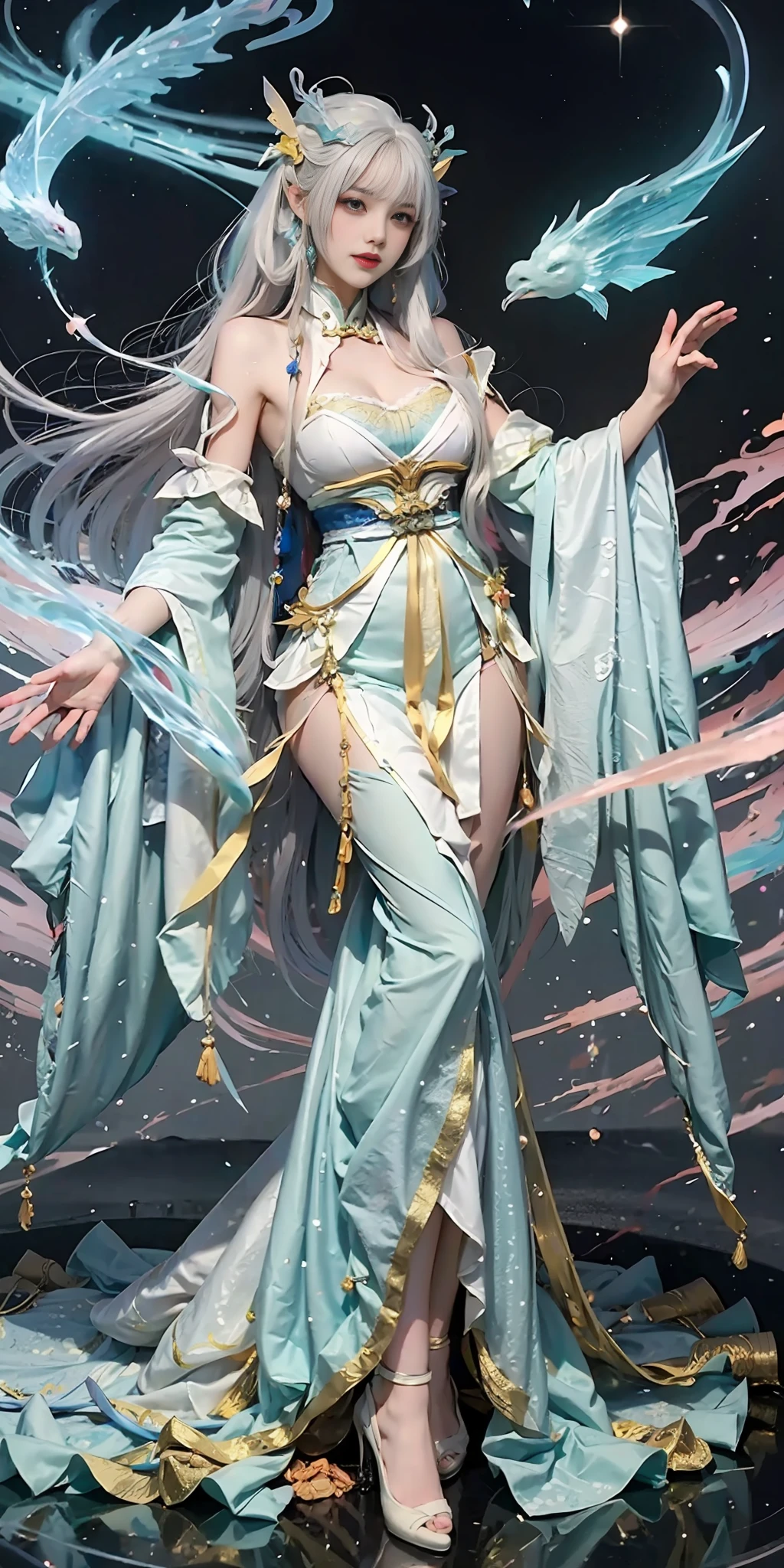 Close-up of a woman in costume on stage,full-body xianxia,beautiful celestial mage,Amazing young ethereal characters,a beautiful fantasy empress,astral witch clothes,shaxi,A flowing magic robe,white hanfu,xianxia fantasy,Beauty Delfin,Ethereal fantasy,Elegant and charming cosplay,heise jinyao,cleavage,nabel,slender leg
