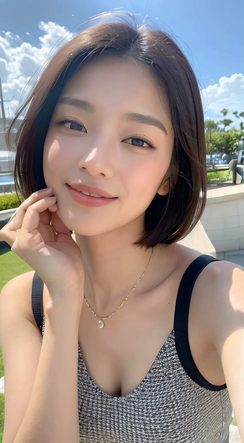 ((top-quality、​masterpiece:1.3))、foco nítido:1.2、(realisitic、Photorealsitic:1.37)、perfect beautiful female、Highly detailed facial and skin texture、Detailed eyes and double eyelids、ssmile、short cut hair、Petite bust、Small necklace、sleeveless shirts、Strong sunshine、Beach terrace、iced coffee、Summer sea and sky、