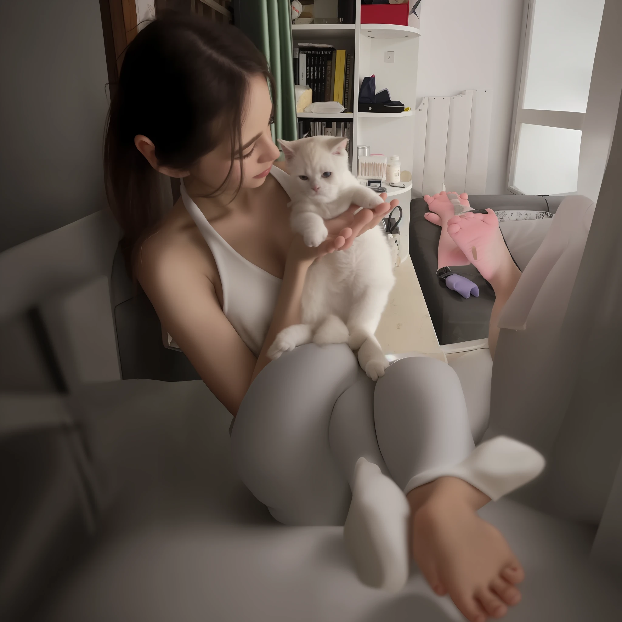 White vest white yoga pants girl sitting at home playing with legs ，soles of feet