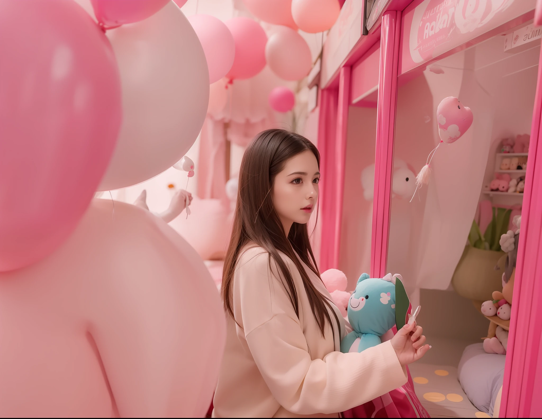 Aalfel girl has a stuffed toy in pink room, the woman holds more toys, Soft mood, holding balloons, Uptrend ，, plushie photography, Dreamy mood, Pink girl, a busy arcade, cotton candy, in pink forest, dreamy soft, author：Emma Andievska, kawaii aesthetic, adolable, soft light 4 k in pink, dreamy scenes