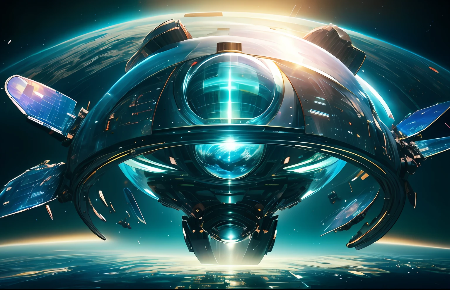 Spherical projection screen, Unreal background，There is a futuristic robot in the picture，Technology and futurism，greenish tinge，3Drenderingof，the space
