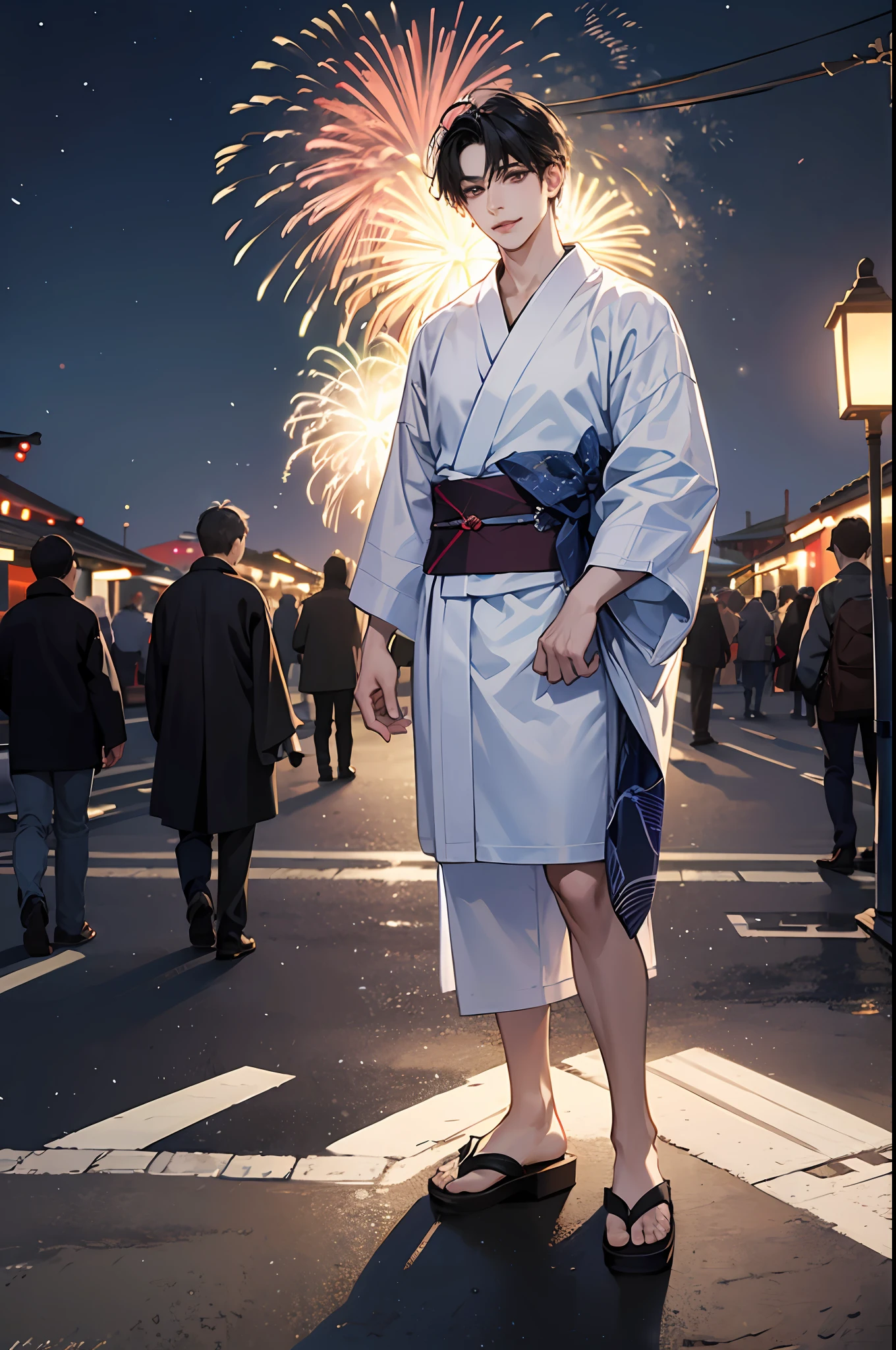 Standing on a street corner(((1 boy)))((full body seen))、Summer Festival Night、Fireworks Festival、natta、He's a man。Far from the viewer。 He is beautiful like the Korean idol hyunjin、Sexy and young。 He is slender and、tall and、The style is good。 He has black hair that is parted in the center.、It has shiny smooth hair.。 He's grinning。He cranes his head to look at us.。 He wears a yukata。