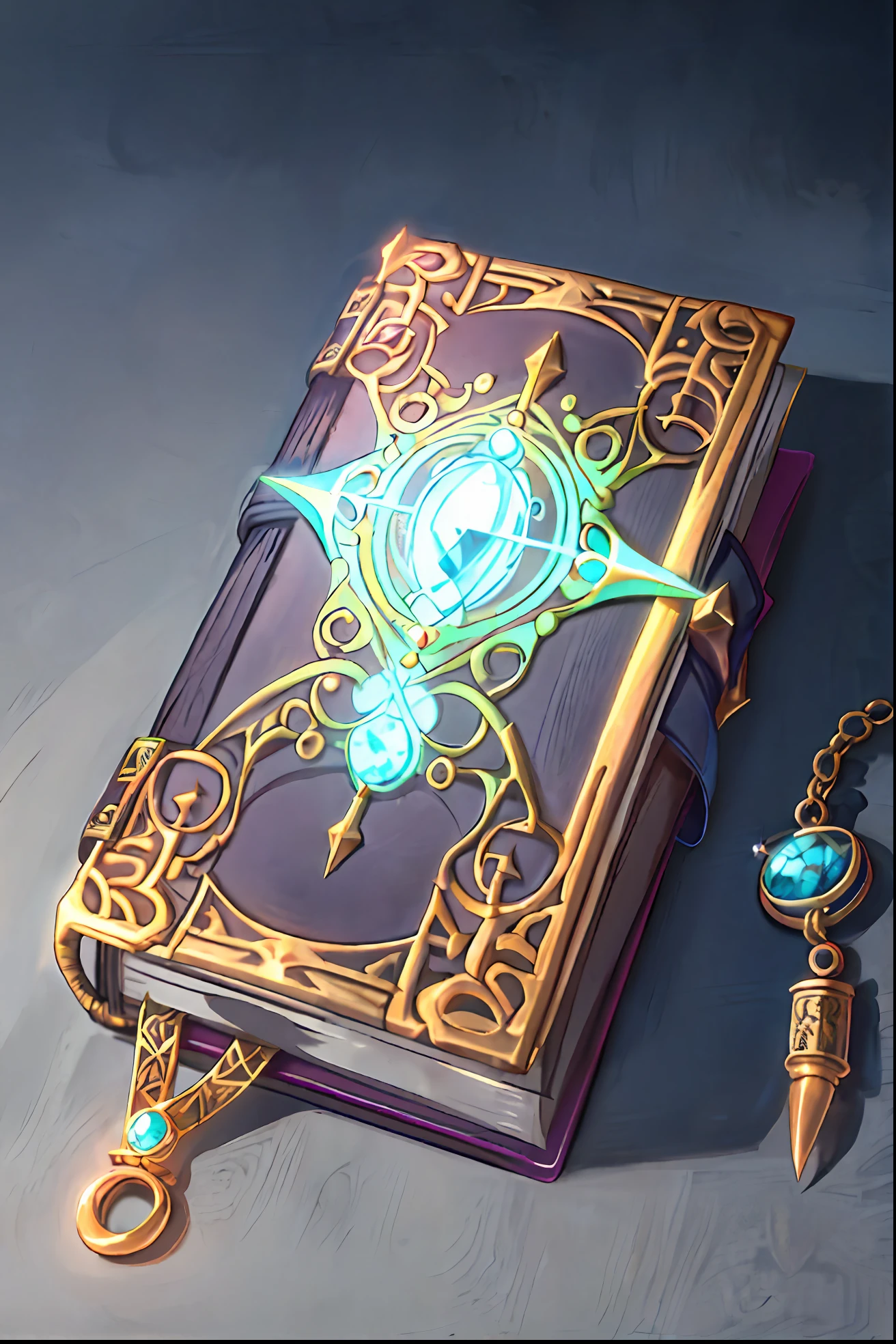 1 Mind bending ancient magical tome, detailed, intricate, magical energy, flat, studded with glowing blue topaz with magical energy, magic spell book, single object