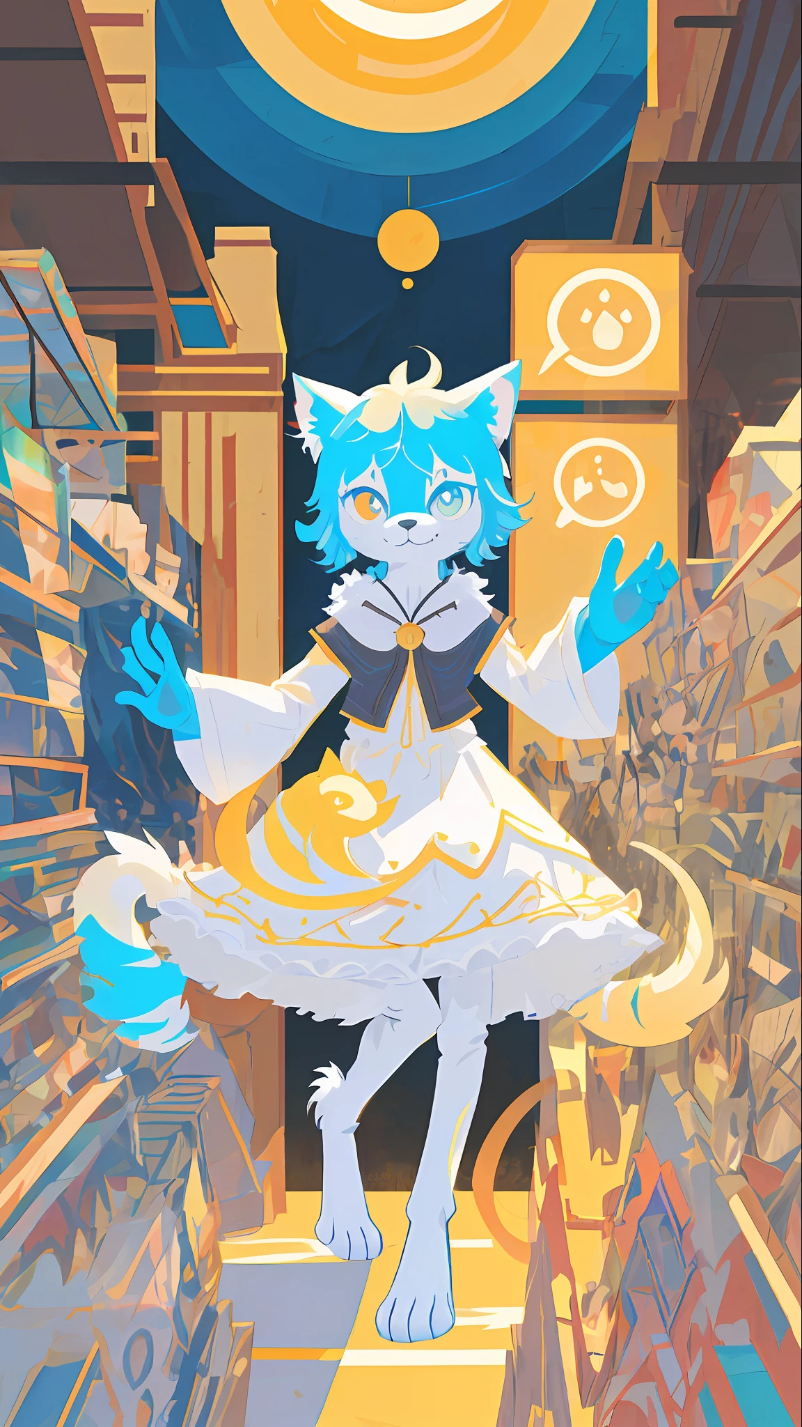 animal poster, flat illustration, vector art((kemono, furry, supercute cat girl))(Anthro: 1.7)dancing a waltz in a white dress at a church, sparkling big eyes, perspective, vivid color,