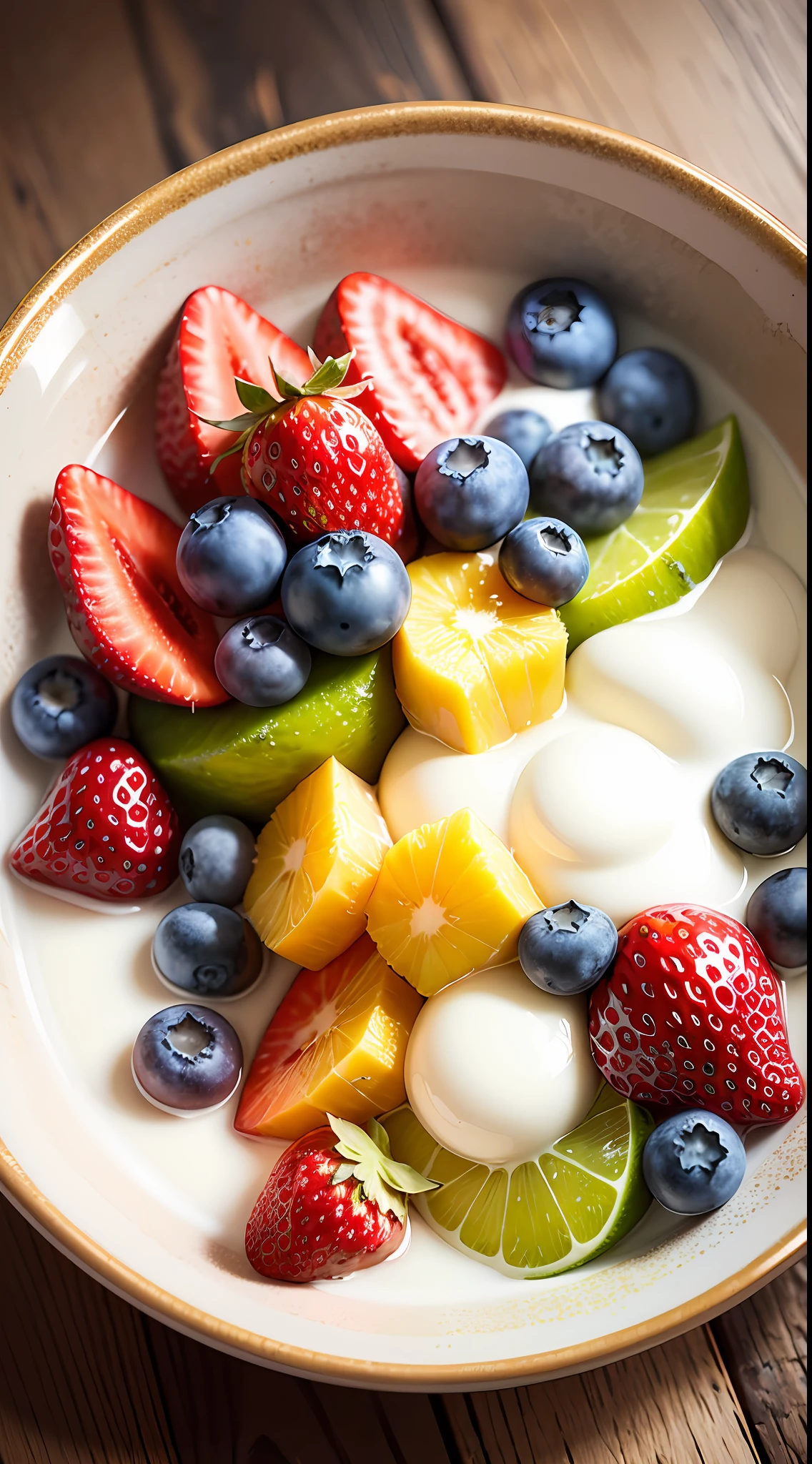 tmasterpiece, Top Quality, Experience, Chic, Boho-chic, a gold, utensil, kettle, a cup, plate, floral print, 2 tablespoons chia seeds 1 cup milk (can be cow's milk, vegetable milk or yogurt) 1 tablespoon honey or other sweetener of your choice 1 teaspoon vanilla extract (optional) Chopped fresh fruits (For example, strawberries, kiwi, mango, blueberries, etc.) for topping --auto --s2