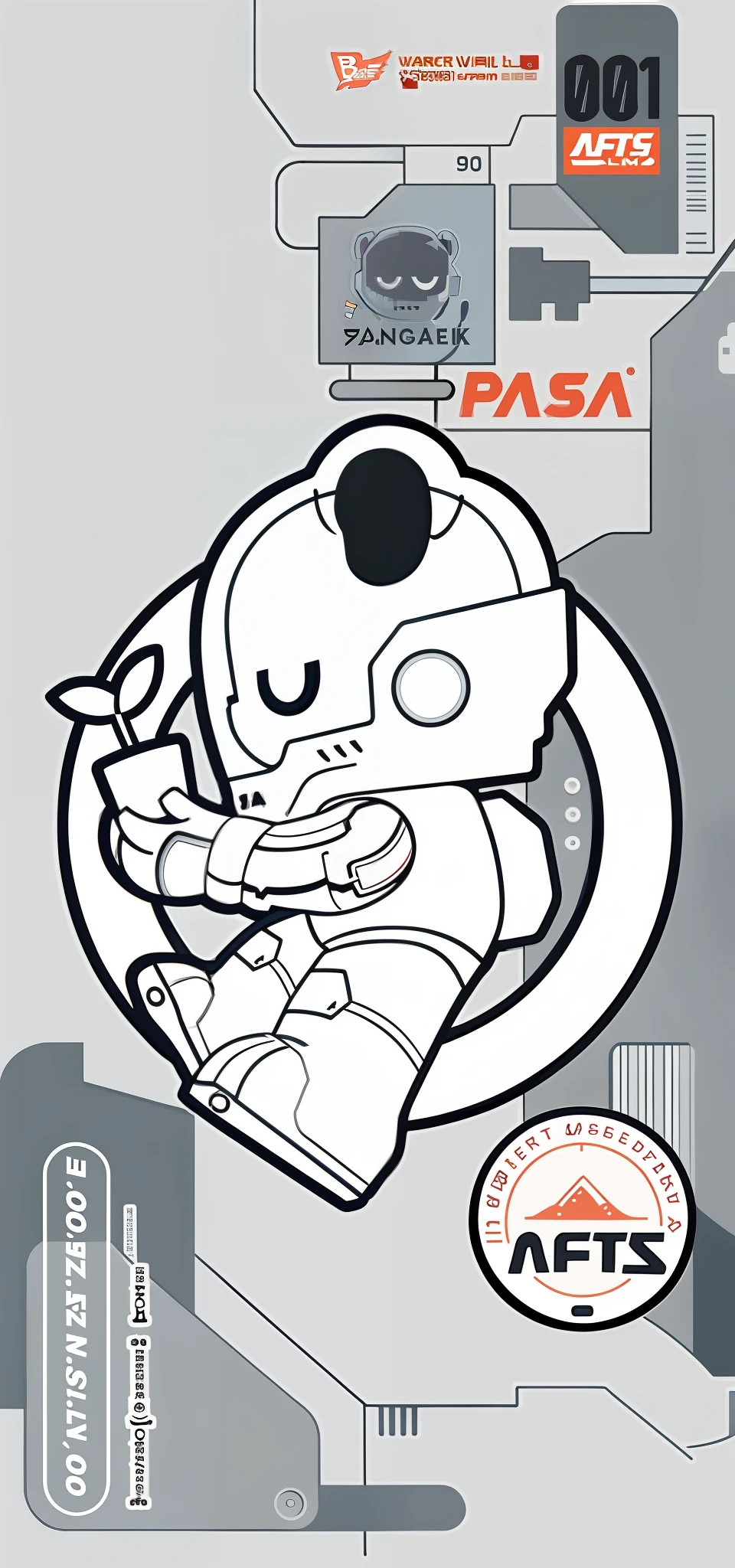 There is a sticker of a robot riding skateboard, inspired by Tom Whalen, print!, tintoy characterdesign robot, white superior iron man, White robot, ferra white mecha, white color mecha, Robot design, mecha human, Tom Whalen 8 K, cute astronaut sticker art, anime robotic mixed with organic, tchibi, in style of baymax
