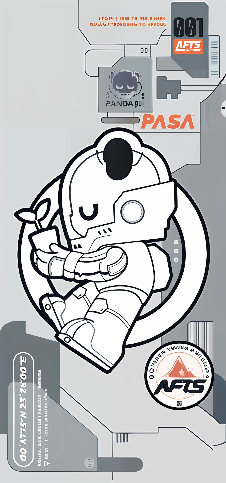 There is a sticker of a robot riding skateboard, inspired by Tom Whalen, print!, tintoy characterdesign robot, white superior iron man, White robot, ferra white mecha, white color mecha, Robot design, mecha human, Tom Whalen 8 K, cute astronaut sticker art, anime robotic mixed with organic, tchibi, in style of baymax