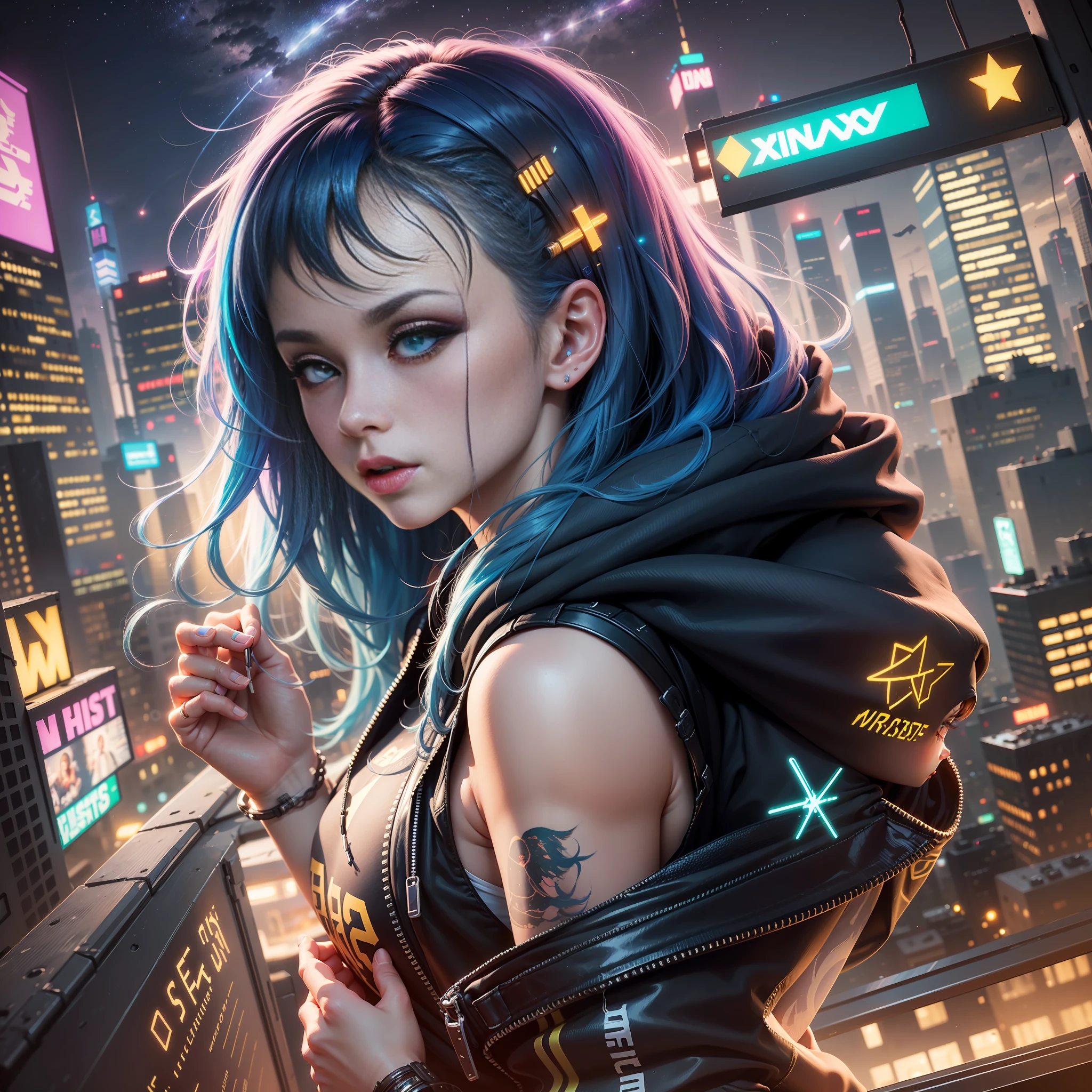 (Masterpiece), Best Quality, Ultra High Resolution, , Cyberpunk 1girl Flying over Stunning Cityscape, Hoodie, Blue Hair, Neon Shooting Star, Very Long Hair, Off-the-Shoulders, Feather Hair Ornaments, Neon Color, Glitter, Stunning Night Sky, Cinematic Lighting, Realistic, Realistic Skins, HDR, Fisheye