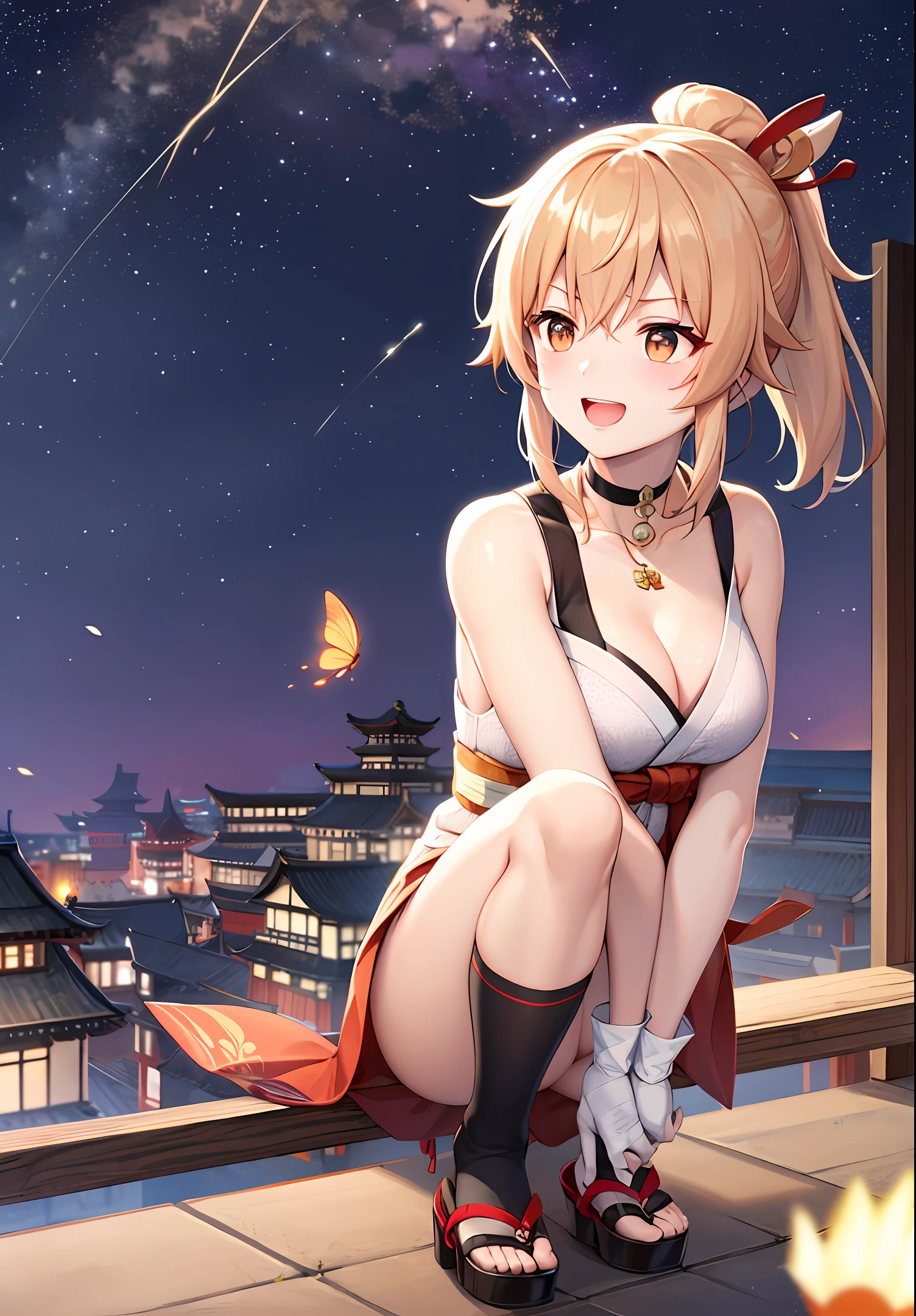 Masterpiece, Exquisite, A high resolution, Single woman, Blonde, Medium hair, Asymmetrical hair, Floating hair, Blindfold, High ponytail, side locks, hair adornments, fish hair ornament, nipple tassels, kanzashi, bangs, Orange eyes, Open mouth, Smile, teeth, Upper teeth only, choker necklace, red necklace, pendant choker, butterfly choker, 鎖骨, tattoo, chest tattoo, flower tattoo, cleavage, Middle chest, Thighs, Bandages, bandaged leg, Arashi, Budget Arashi, chest sarashi, black sash, Hadanugi sin,, komono, komono, Drawstring, Obi, Obiage, obijime, orange kimono, Drawstring, patterned kimono, Cord, Obi, shimenawa, Short kimono, bare shoulders, Genshin, east asian architecture, Cherry blossoms, full body, crouched, sparkler, Night, Fireworks, Fireworks, Legs crossed, Feet, Single gloves, Single fingerless gloves, arms cuffs, Black socks,