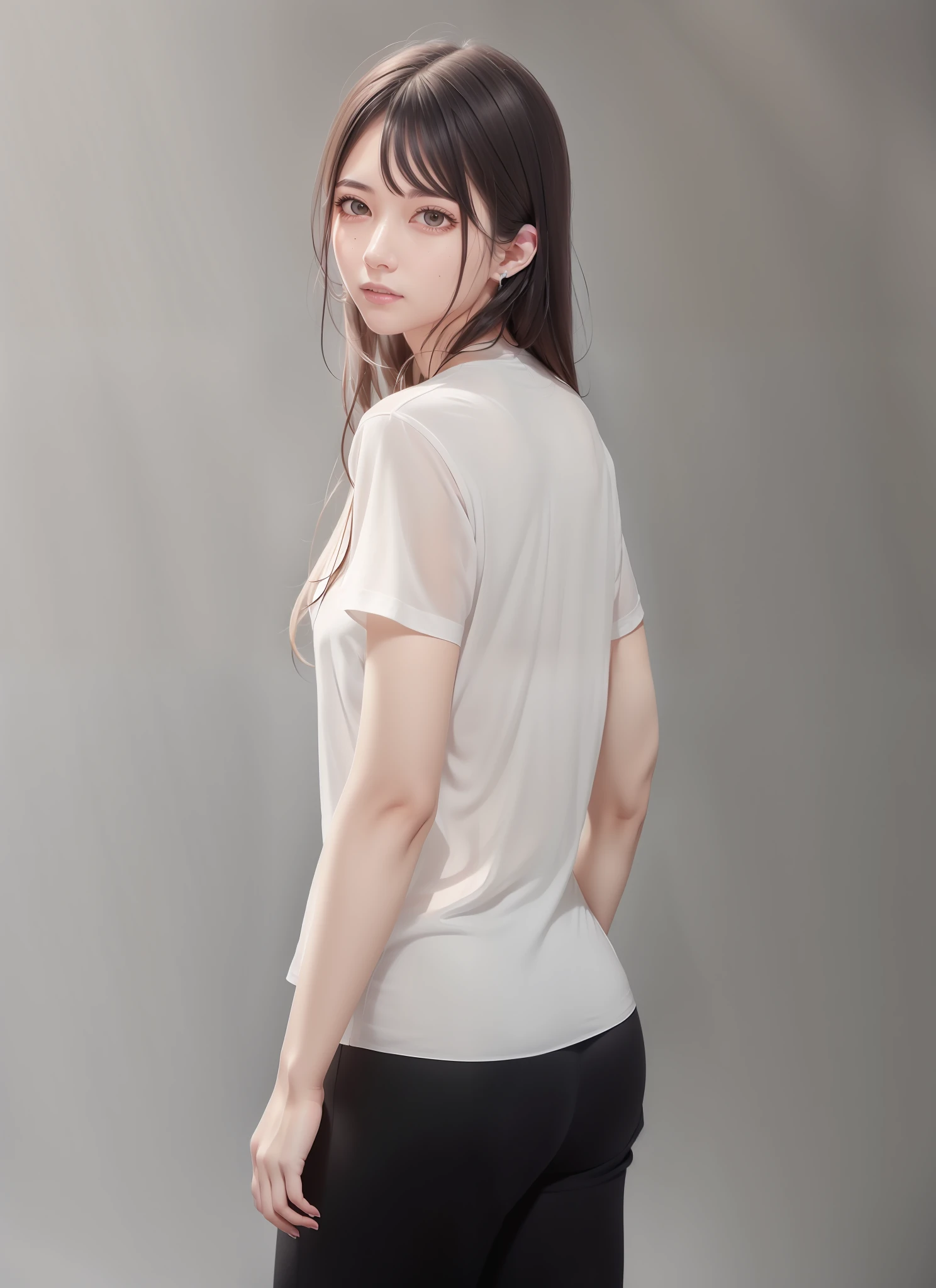 European woman 25 years old in white shirt and black pants posing for photo, back - view, hi-res scan, hi - res scan, Profile Pose, white tshirt, A girl, side pose, short sleeves, Rendered in Povray, side portrait, back pose, wearing a t-shirt, Side profile half-length portrait, mesh shirt, medium portrait top light