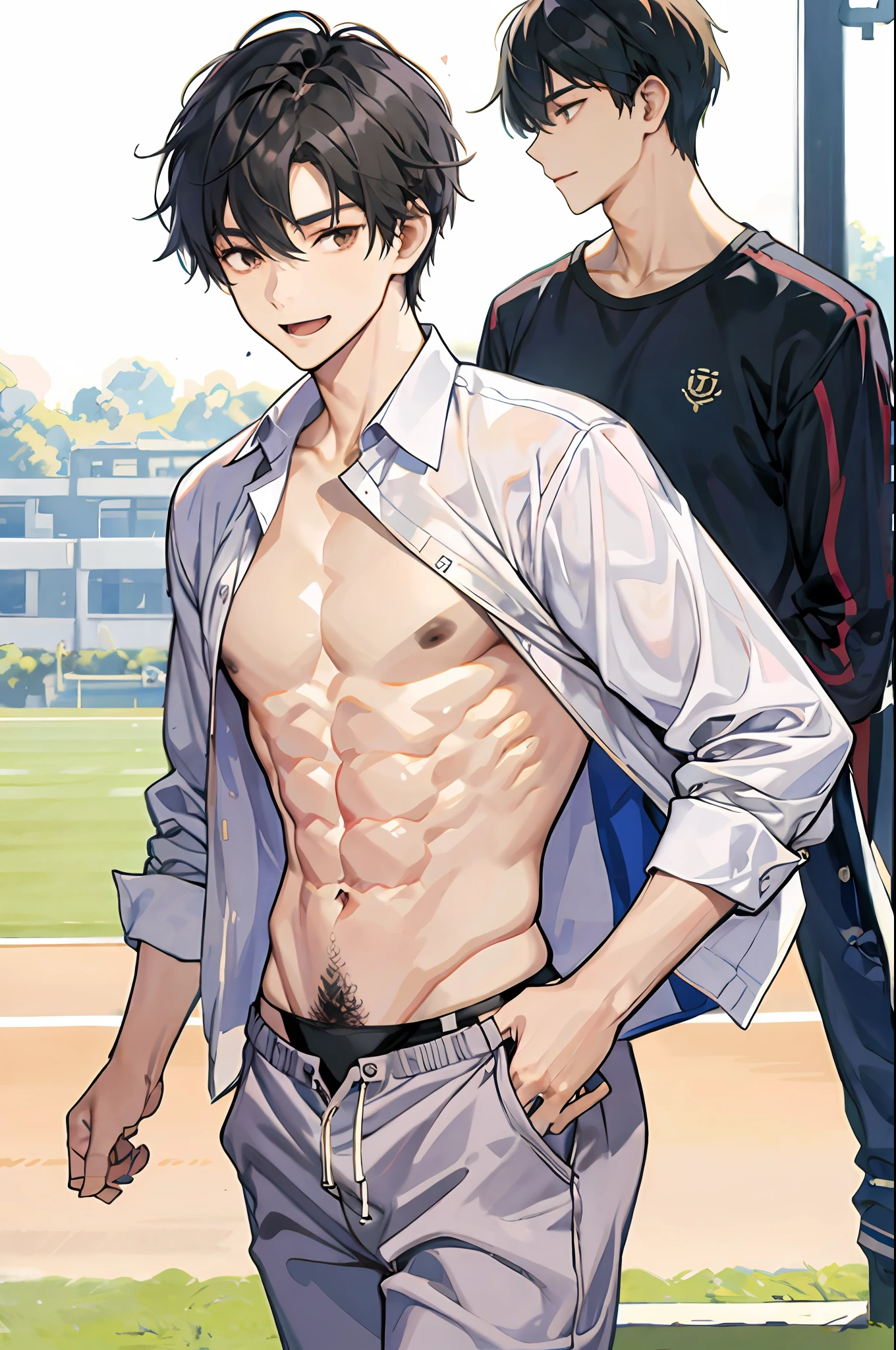 Astringency,Only thongs were worn,school ground,Sunny and cheerful,Physical Education Student,Eight-pack abs,chest muscle,Showing pubic hair,tmasterpiece,Need