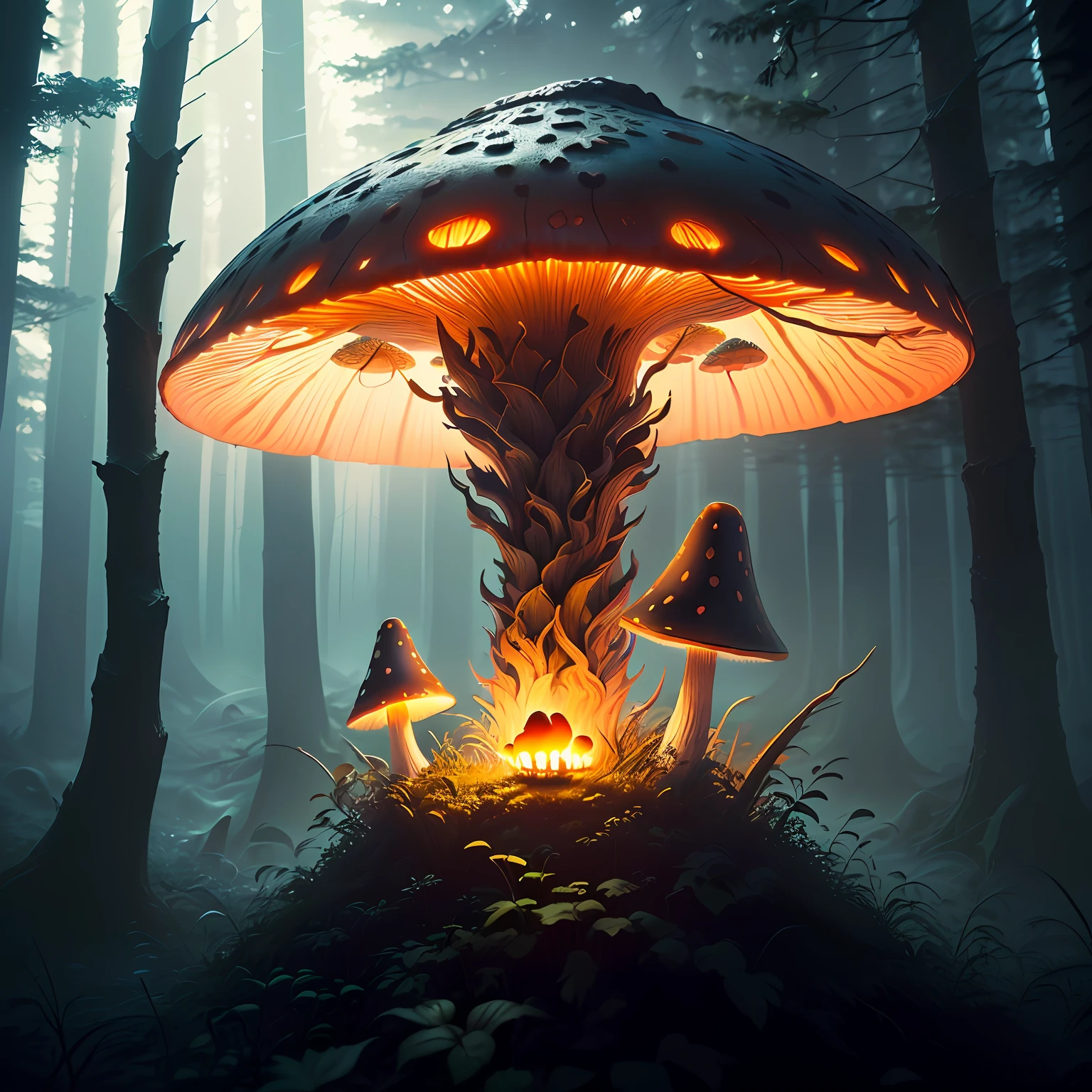 Glowing mushroom,very dark lighting,forest,intricate details and sharp,octane render,16mm, 35mm,high quality,kodak film,high detail, dark fantasy,(epic ambiant light:1.2),blured background,atmospheric oliva lighting,