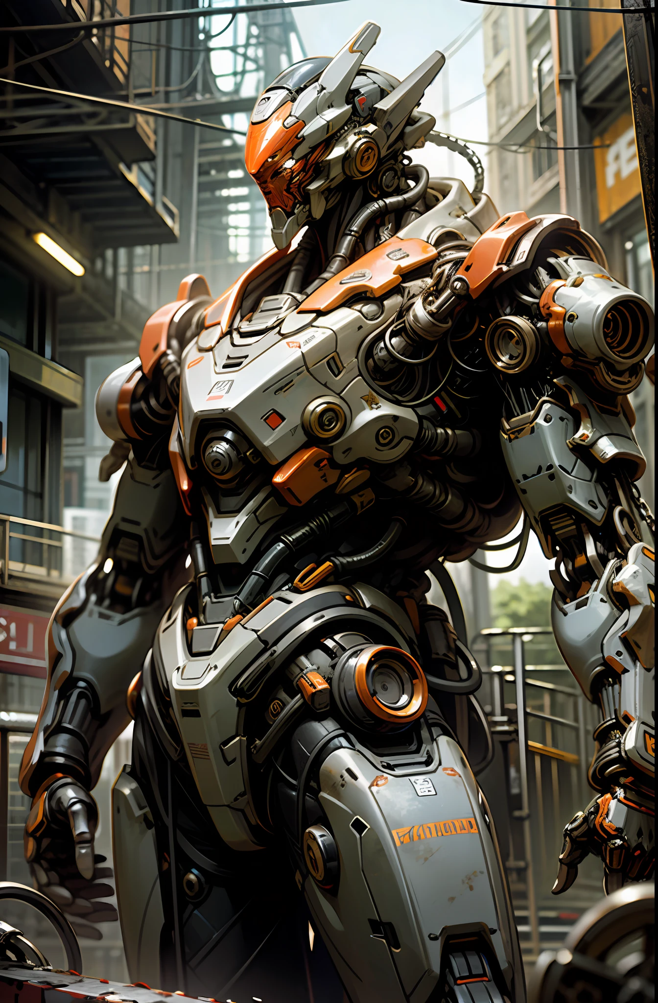 Dark_Fantasy,Cyberpunk,(chain saw,chain saw man,Red:1.1),1man,Mechanical marvel,Robotic presence,Cybernetic guardian, wearing a worn-out mech suit, intricate, (steel metal [rusty]), elegant, clear focus, shot by greg rutkowski, soft lighting, vibrant colors, masterpiece, ((street)), cowboy shot, dynamic pose,
