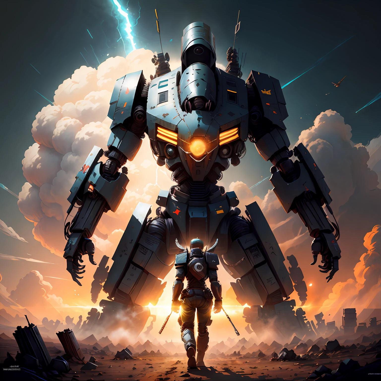 The Arafed robot stands in front of a man in the desert, soldiers and mech fight, battlemech, anime large mecha robot, artgem and beeple masterpiece, battletech, mecha art, wojtek fus, Mecha Inspiration, comic book style battlemech, battletech style, mecha anime, battlemech, Mecha warrior