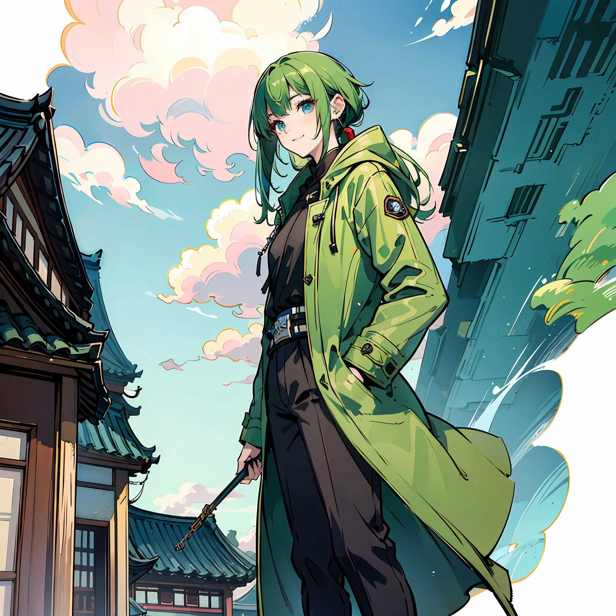Ding Hui people,South Korean beauties,Green hair,The streets of Seoul,Khaki coat,Black pantsuit,with blue sky and white clouds,Good light,ssmile --auto