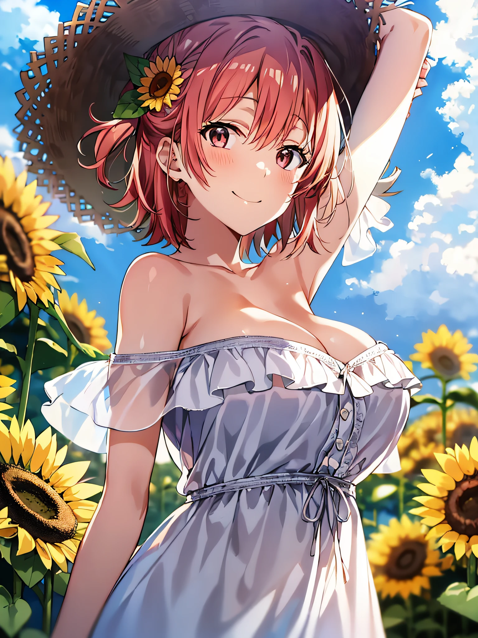 absurderes、high resolusion、Very cute girl,Top quality anime illustrations,Detailed eyes
break
Watch your audience、Cowboy Shot,
break
break
One girl、Yui,Lori, Light pink hair,short-hair,Hair bun,very large breast,White Strapless Chiffon Dress,Sleeveless,off shoulders,鎖骨,  Big straw hat,perspiring,a smile,closing eye,Arm up,
blue sky with some clouds、Refreshing breeze,Sunflower flower garden,
break
break
daytime、Sun'rays、depth of fields、midday
break