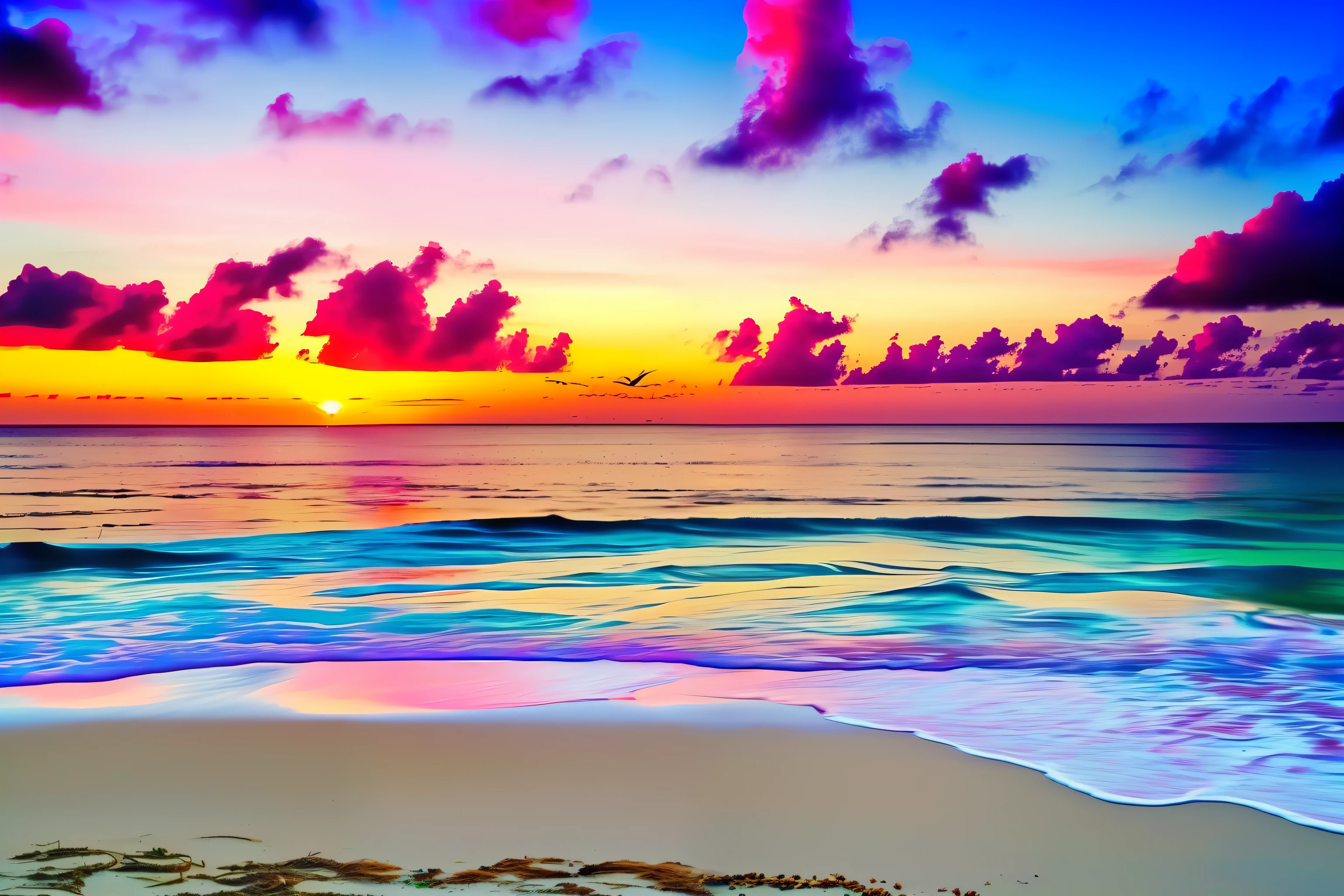 Absolutely mesmerizing sunset on the beach with a mix of orange, pink, a white boat and yellow filling the sky. The sea water is crystal clear, kissing the coast gently, and the white sandy beach is endless. The scenes are action-packed and breathtaking, with seagulls soaring high in the sky and palm trees swaying gently. Immerse yourself in the peaceful atmosphere and let the tranquility surround you.