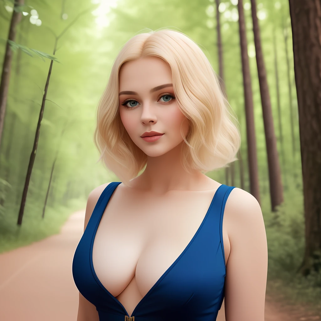 (Best Quality, 8k, 32k, Masterpiece, UHD: 1.2), Cute Russian Woman Picture, Very Large Breasts, Very Short Golden Bob Hair, Upper Body, (Suit, : 1.1), Background Forest, Look Around