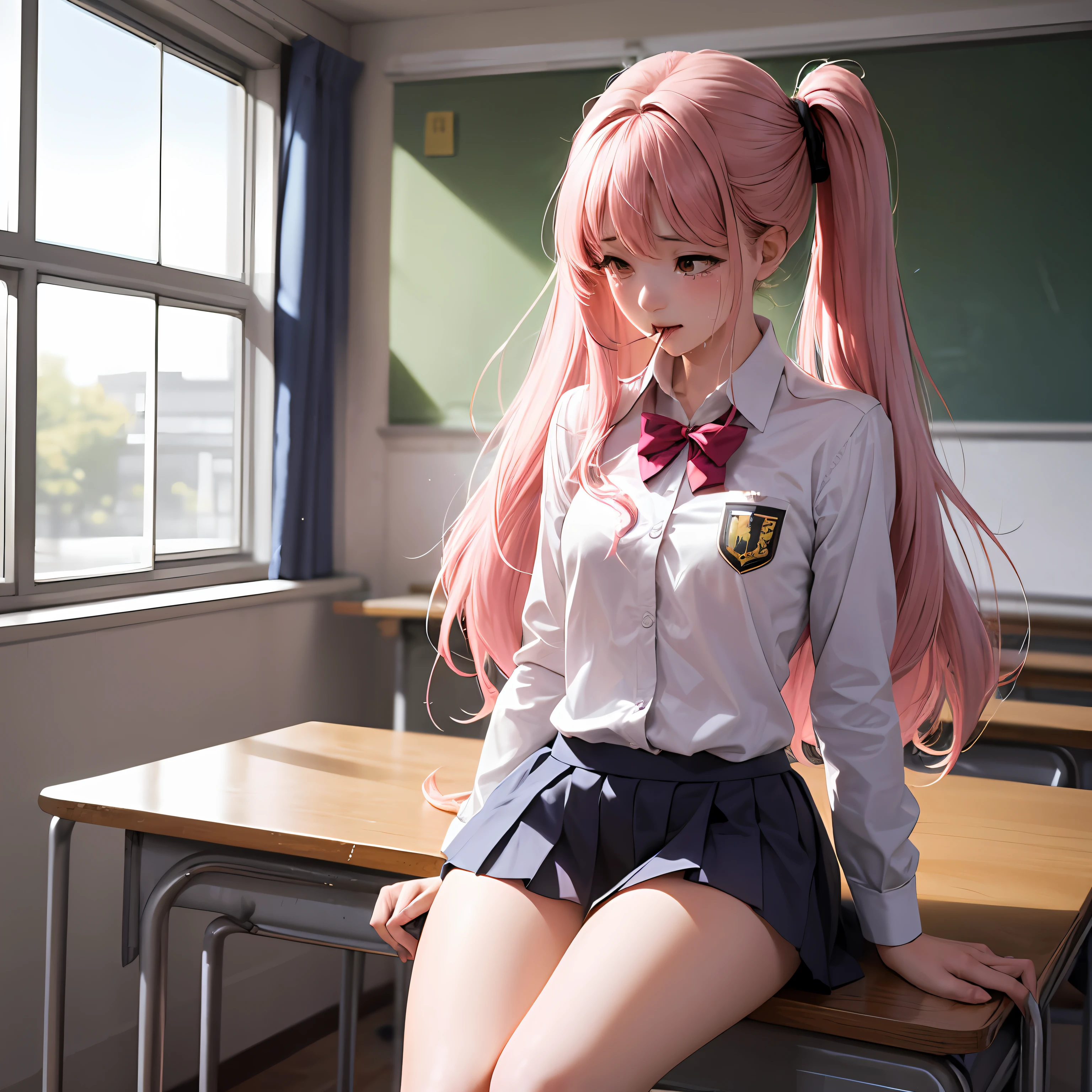 1 long hair, girl in school uniform, miniskirt, pink hair, looking away, sitting and spreading crotch, embarrassed, blushing, crying, mouth closed, classroom (girl leaking pee) --auto