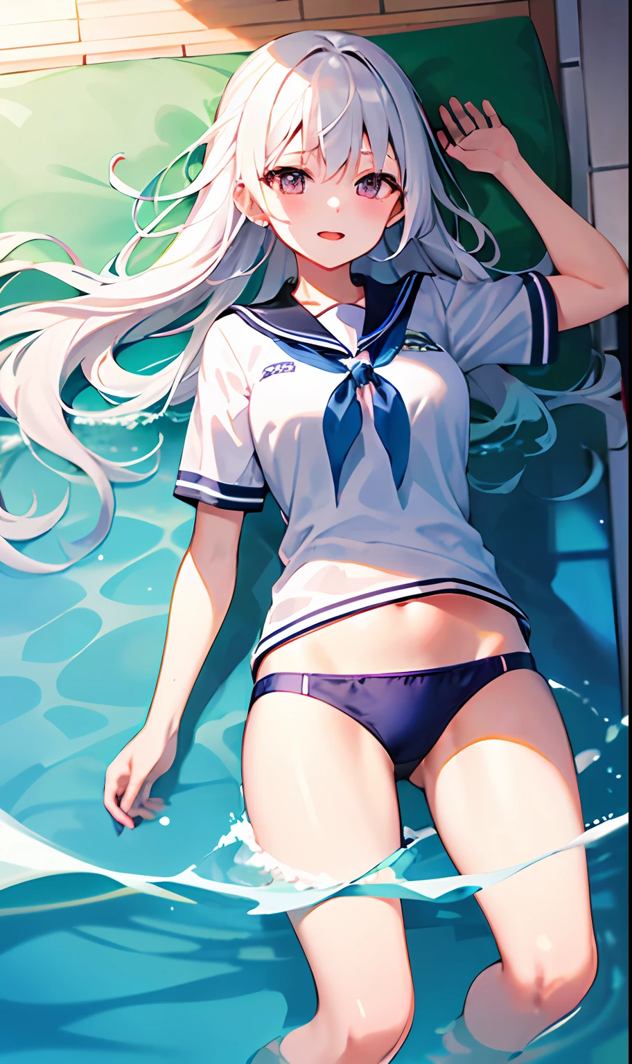 Ultra high quality,超高分辨率,1girll,White color hair,swimming uniform,Mature woman,The bust circumference is moderate,legs are open,Lying down position