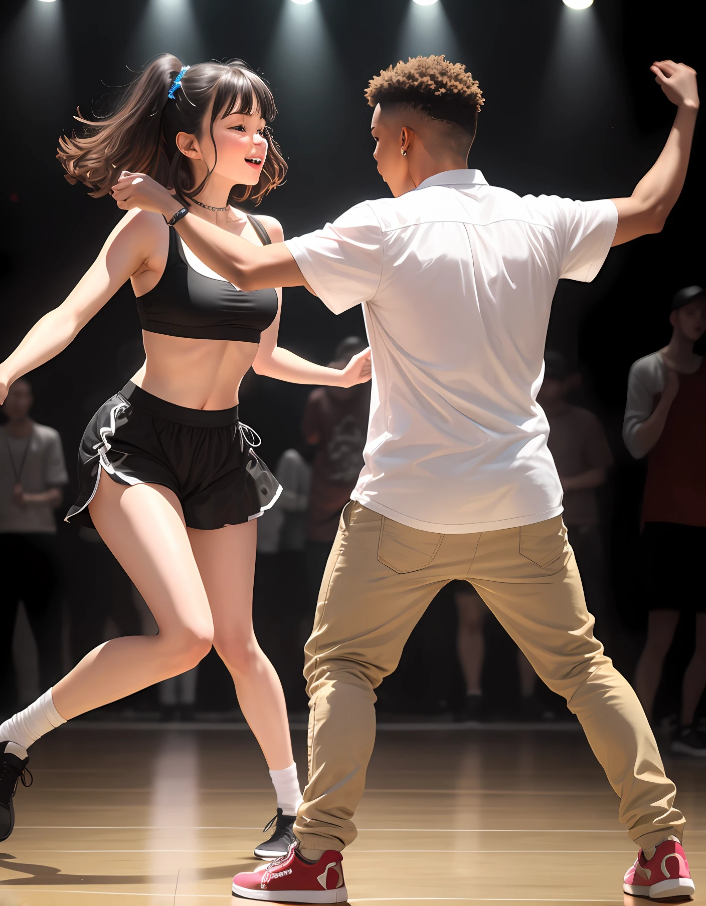 An adult is dancing in the hip-hop,A next to him imitates an adult dancing