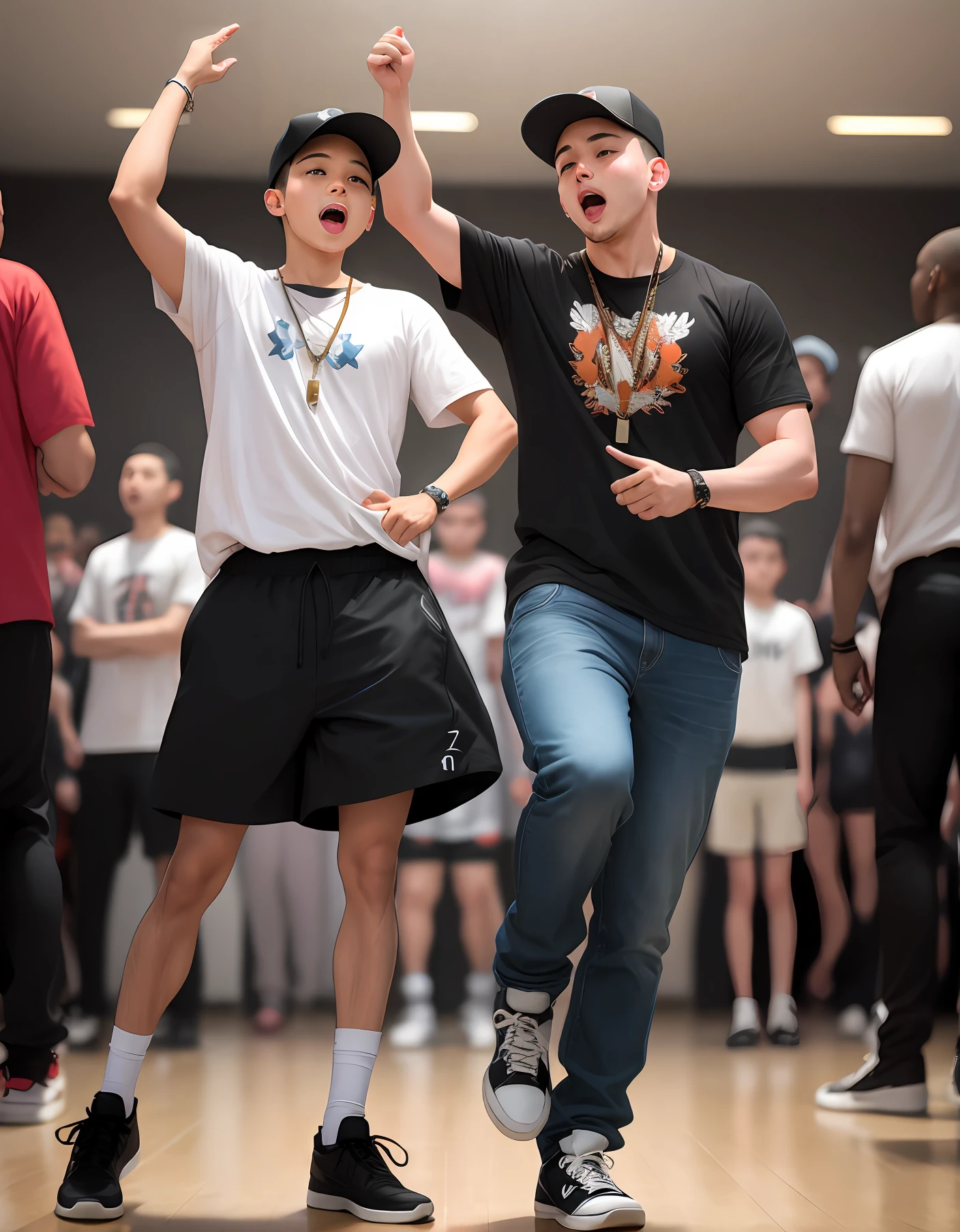 An adult is dancing in the hip-hop,A next to him imitates an adult dancing