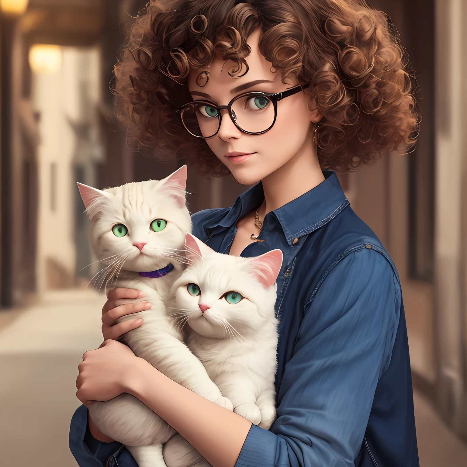 The female wears glasses and curls naturally to her neck, with short hair and a milk cat in her arms