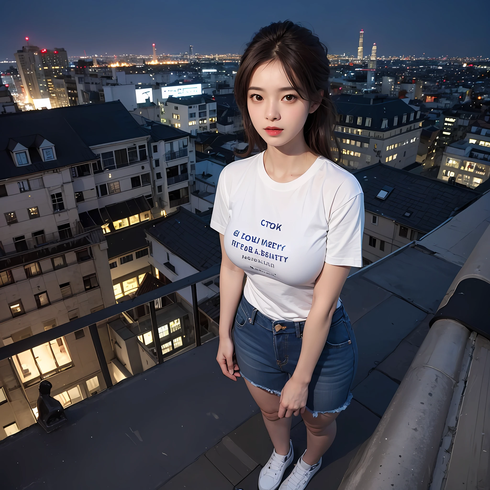 ((Midnight, Best quality, 8k, Masterpiece :1.3)), Whole body, Long legs, Sharp focus :1.2, A pretty woman with perfect figure :1.4, Slender abs :1.1, ((Dark brown hair, Big breasts :1.2)), (White tight tshirt, Jean bib, Standing:1.2), ((Night city view, Rooftop:1.3)), Highly detailed face and skin texture, Detailed eyes, Double eyelid --auto
