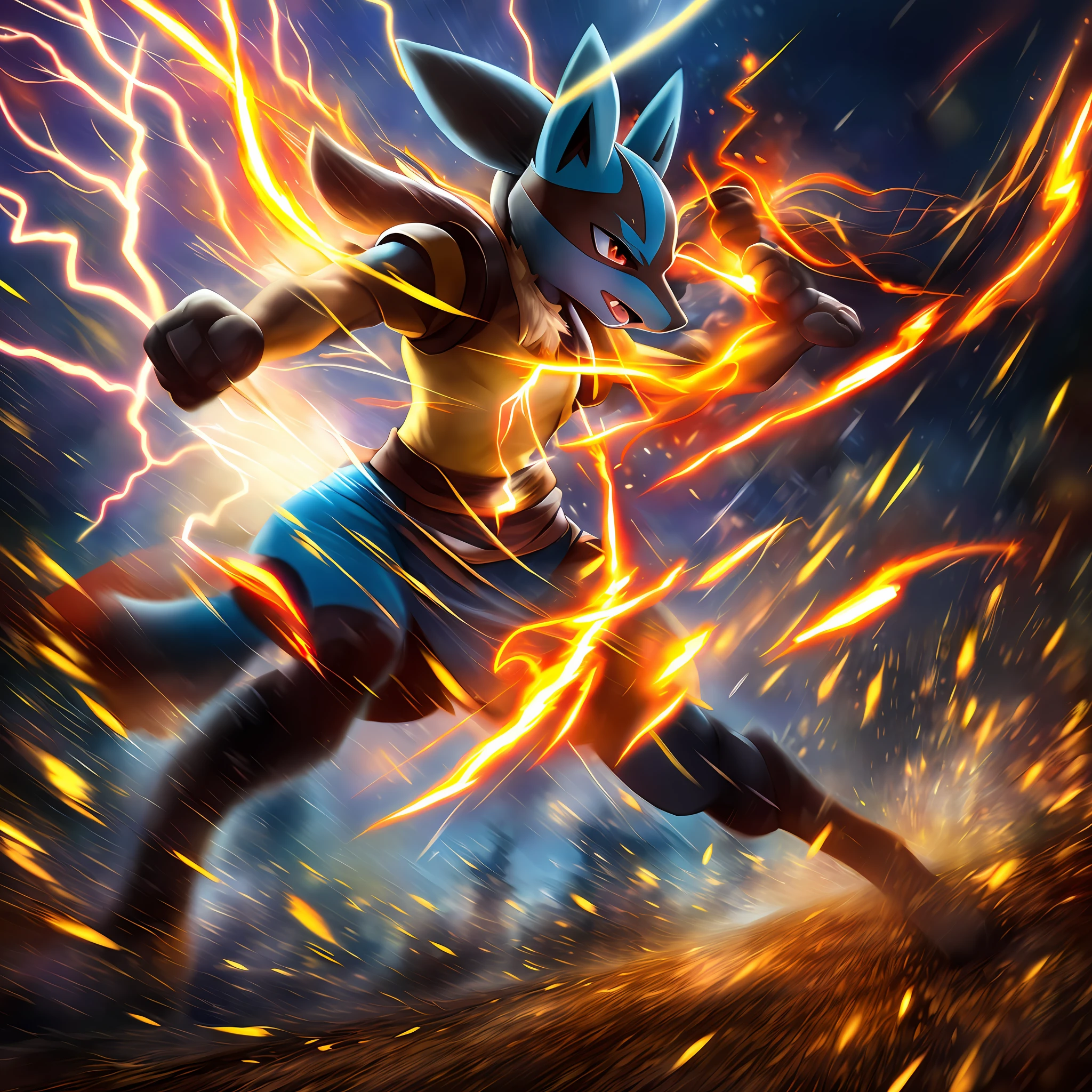 top quality, high-quality illustrations, the beautiful depiction of light seen in Vermeer's works((masterpiece))absurdres, Perfect Anatomy, Lucario, full body(Fighting Pose)casting lightning, electricity, swirling fire((dramatic))epic, battlefield, motion blur, depth of field, bokeh, 4k,