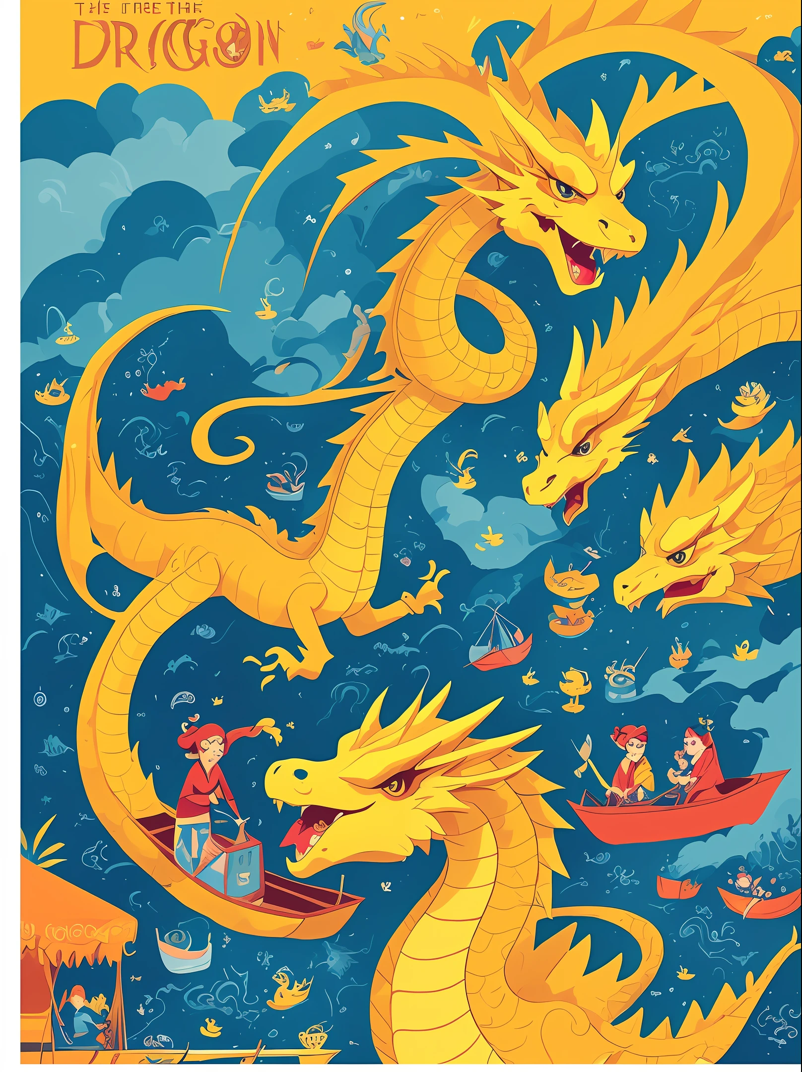 there is a poster with a cartoon of a dragon and people in a boat, poster illustration, poster design, illustrated poster, festival, a beautiful artwork illustration, 😃😀😄☺🙃😉😗, yellow dragon head festival, trending on cgstation, poster, 中 元 节, promotional poster, digital illustration poster, food advertisement, 5 d