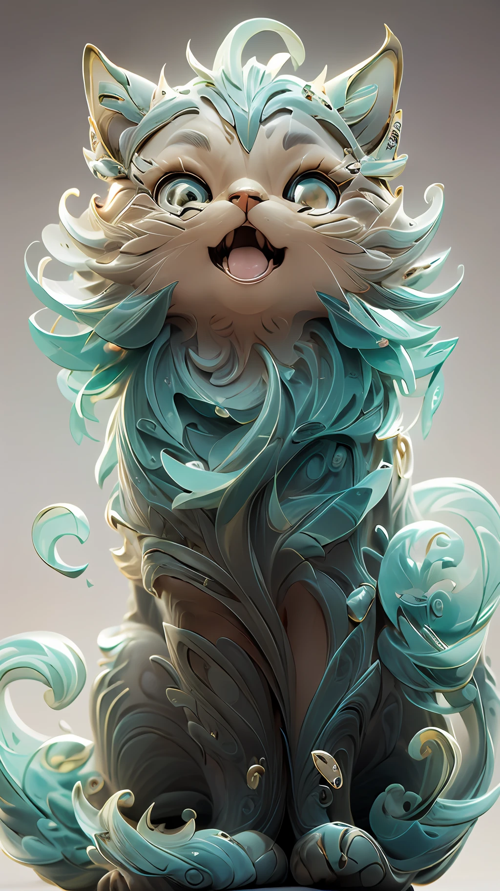 in the shape of a cat,Bling background,Dreamy colors,Transparent statue,florals,Big eyes,red colour,Open-mouthed,laughingly,tmasterpiece,(best qualtiy:1.3), full bodyesbian,Ling_Long