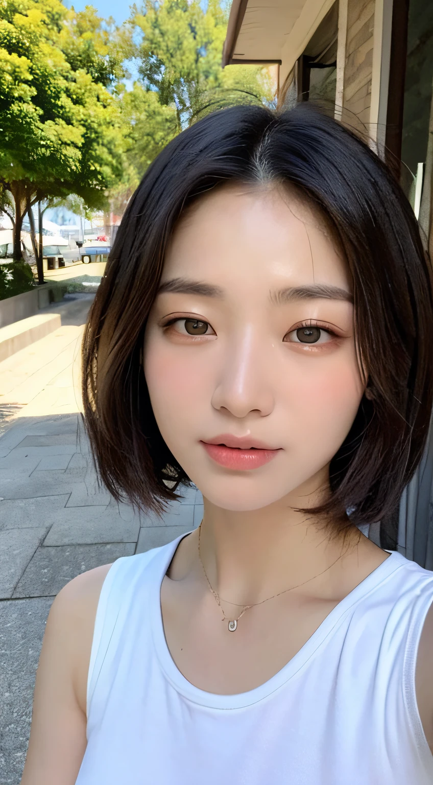 ((top-quality、​masterpiece:1.3))、foco nítido:1.2、(realisitic、Photorealsitic:1.37)、perfect beautiful female、Highly detailed facial and skin texture、Detailed eyes and double eyelids、ssmile、short cut hair、Petite bust、Small necklace、sleeveless shirts、Strong sunshine、Beach terrace、iced coffee、Summer sea and sky、
