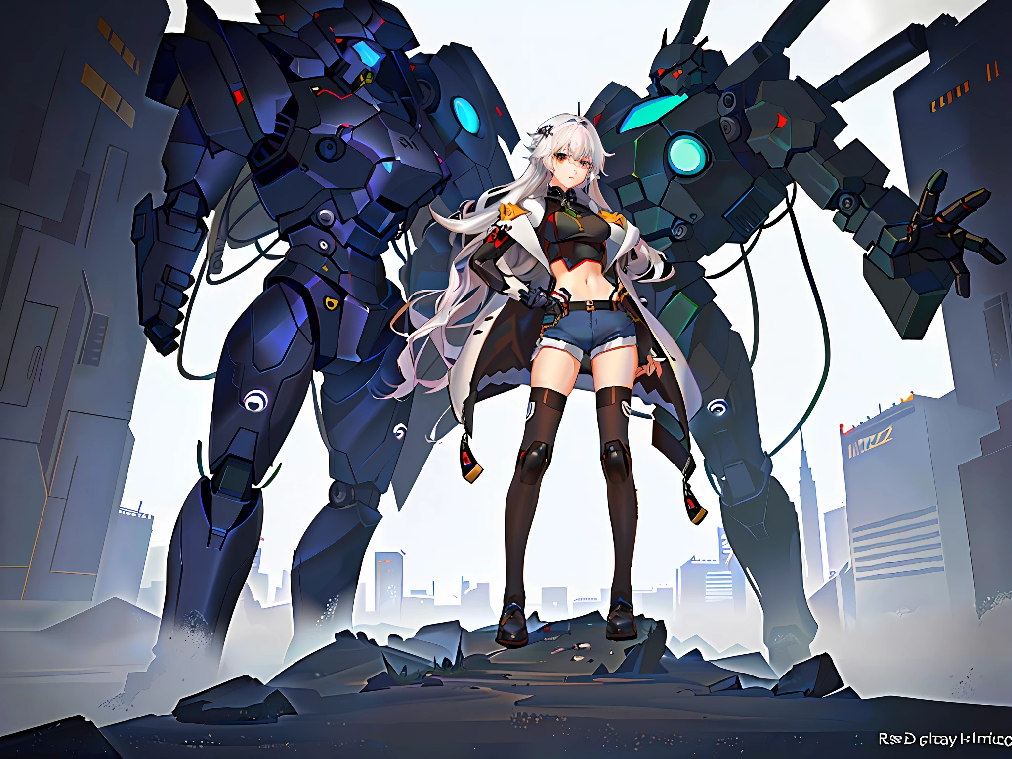 anime girl in short shorts and jacket standing next to giant robot, artwork in the style of guweiz, cyberpunk anime girl mech, trending on cgstation, guweiz, by Russell Dongjun Lu, digital cyberpunk anime art, ross tran 8 k, guweiz on artstation pixiv, girl in mecha cyber armor