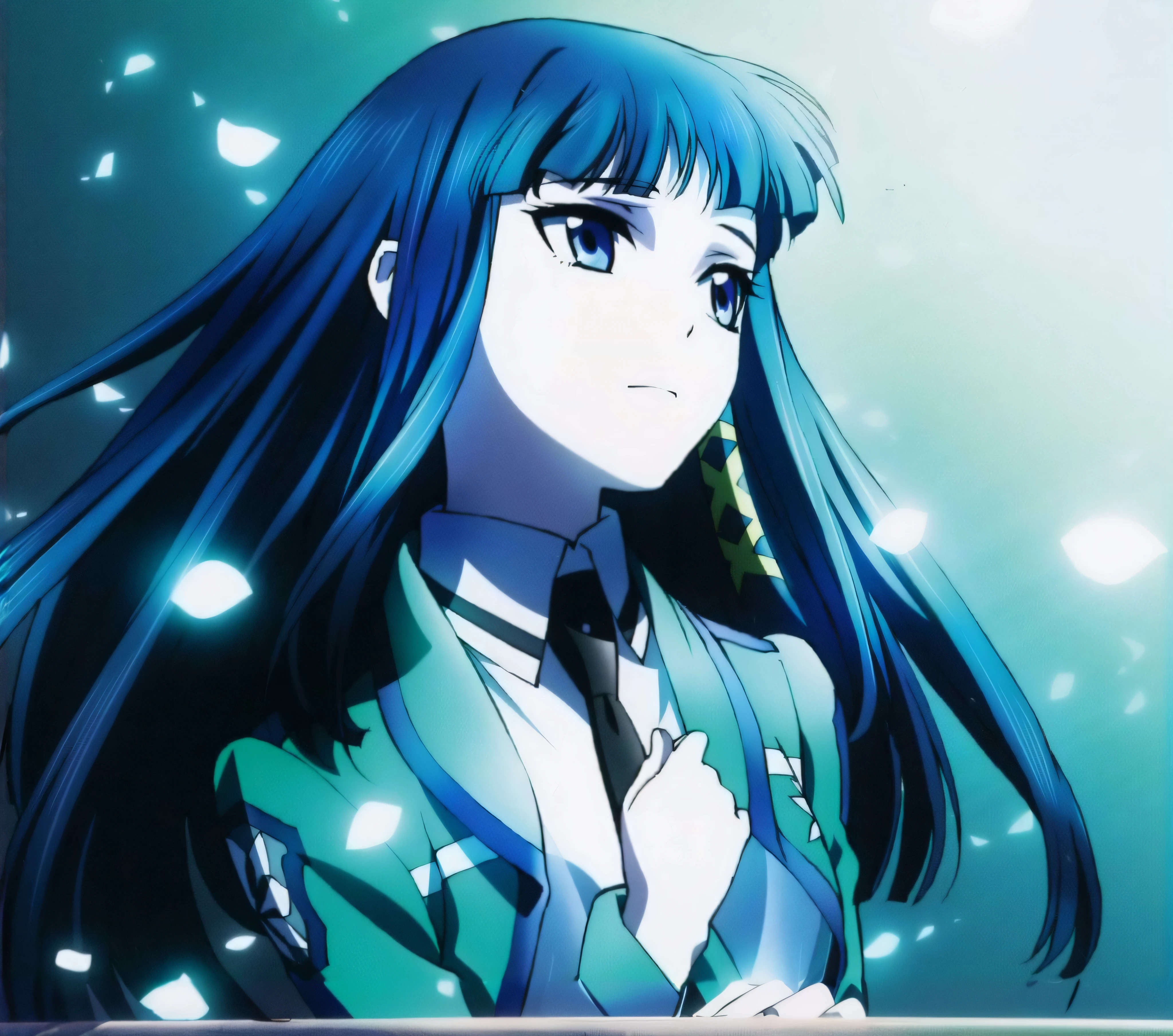 Girl with blue hair and blue eyes in green dress, Rain Iwakura, close-up of Rain Iwakura, portrait of Ringo Shiina, portrait of Rain Iwakura, still view Shikishi, beautiful schoolgirl, close-up of Rain Iwakura, style like fate/stay night, best girl