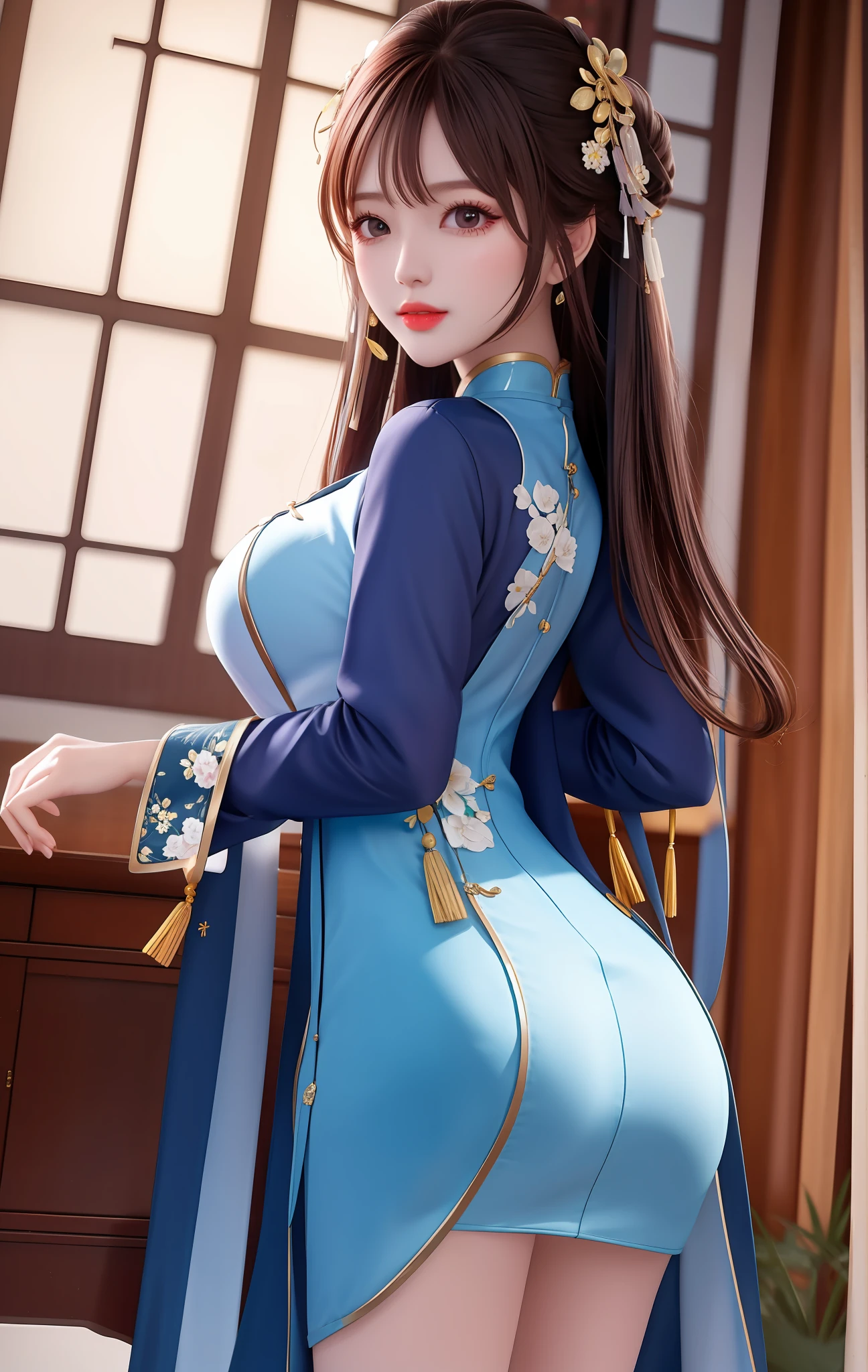 Bigchest,Beautuful Women,on cheongsam,Cocked buttocks