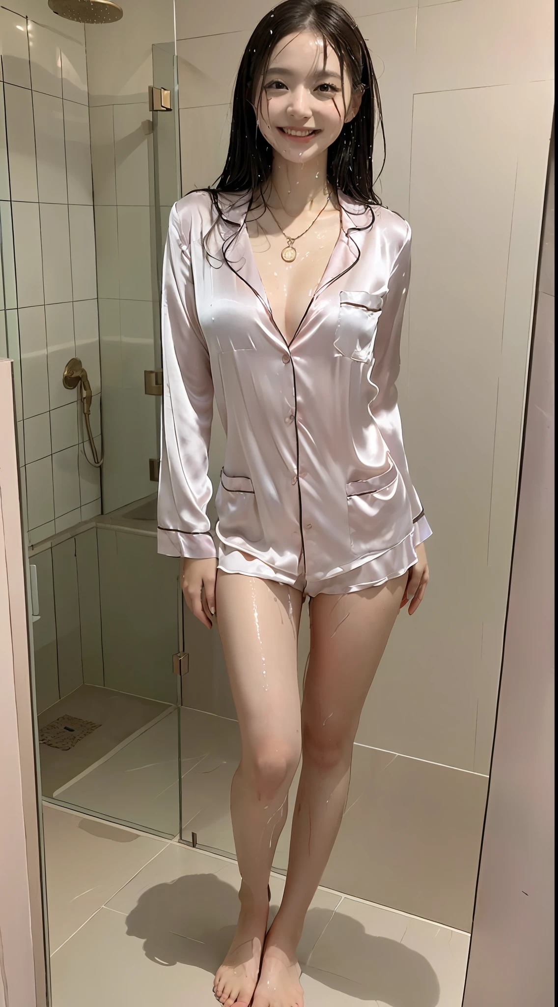 (top-quality、in 8K、32K、masterpiece、nffsw:1.2)、Photo of one Japan woman、a necklace、((Luxurious bathroom))、((Shower water))、((beauty legs))、Model Figures、Floating Novafrog Style、((Realistic and detailed skin feeling))、((Extraordinary beauty))、((Gently smiling face))、((Drenched whole body))、((Pale pink luxury silk pajamas))、