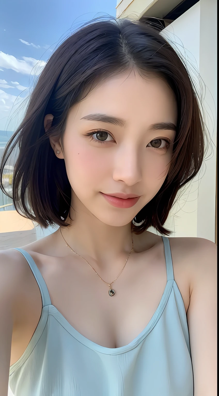 ((top-quality、masterpiece:1.3))、foco nítido:1.2、(realisitic、Photorealsitic:1.37)、perfect beautiful female、Highly detailed facial and skin texture、Detailed eyes and double eyelids、ssmile、short cut hair、Petite bust、Small necklace、sleeveless shirts、Strong sunshine、Beach terrace、iced coffee、Summer sea and sky、