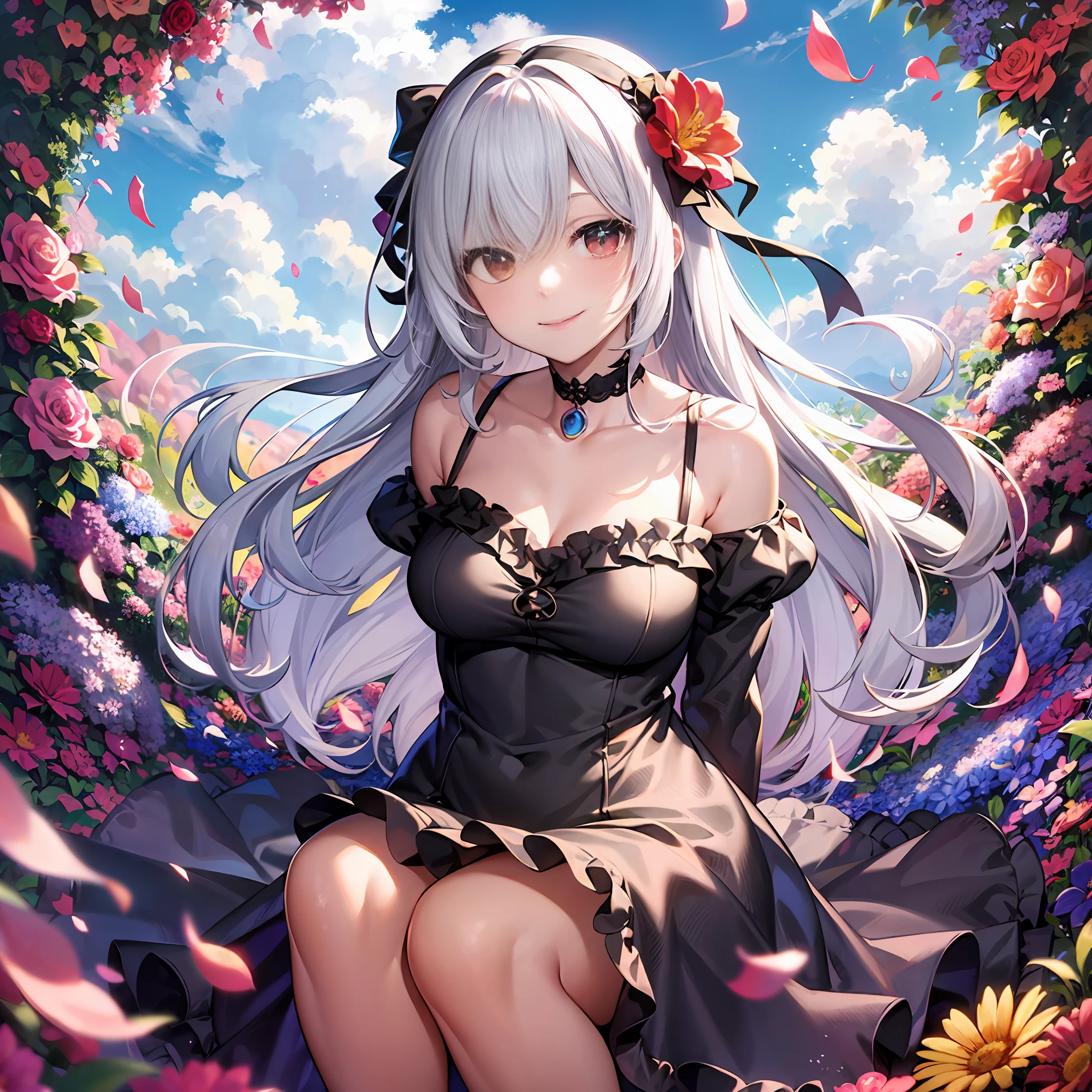 flower field, summer dress, frilled dress, long hair, white hair, red eyes, hair band, flower in hair, collarbone, bare shoulder, medium breasts, dynamic pose, looking at viewer, (fish eye lens:1.1), flower petals, clouds, smile, (feet out of frame:1.331), (arms behind back:1.331)