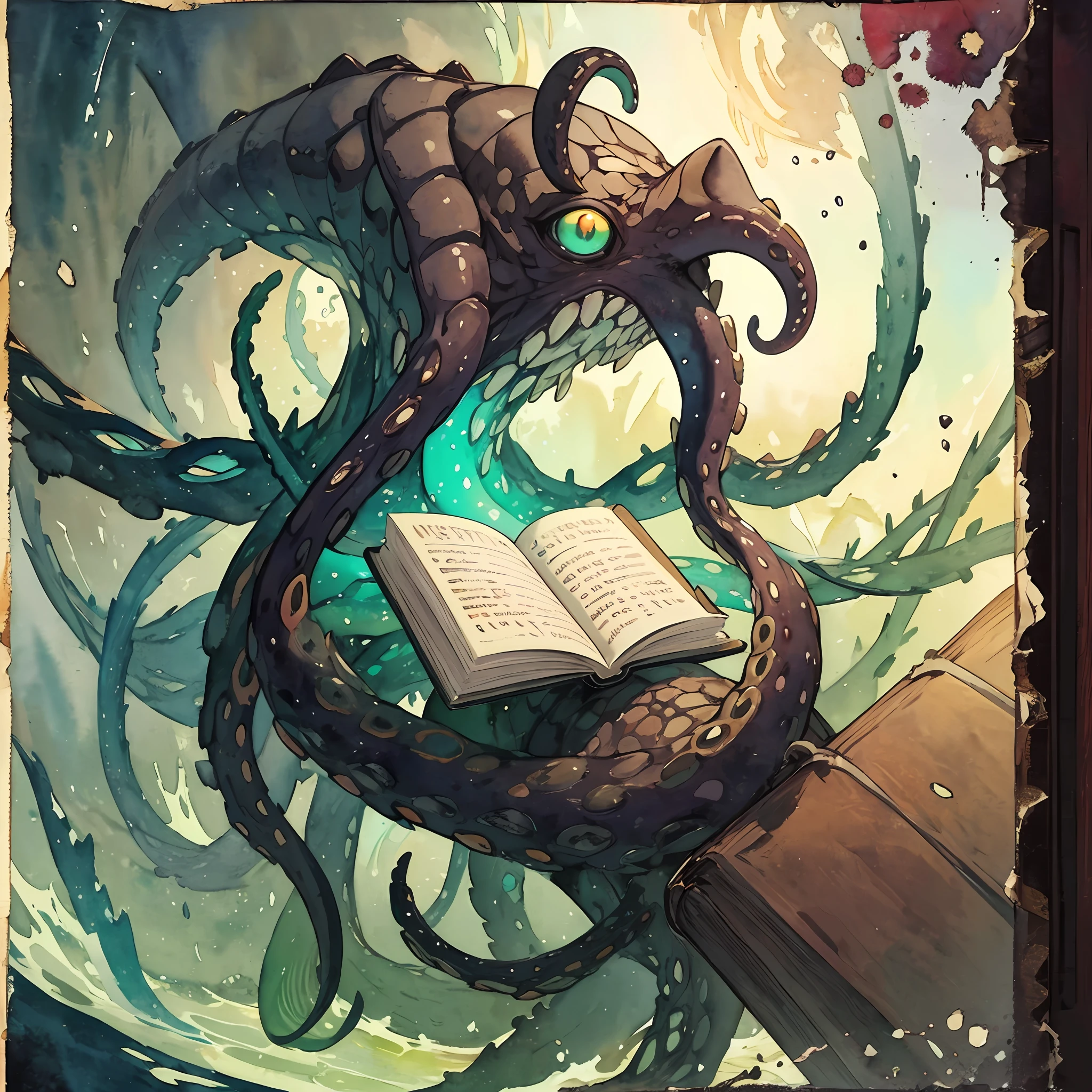 Abyssal Tomeshell which is a living floating book with tentacles and a eye, brown cover, tan pages, brown-green tentacles, emerald green eye, masterpiece, best quality, (in watercolor painting style)