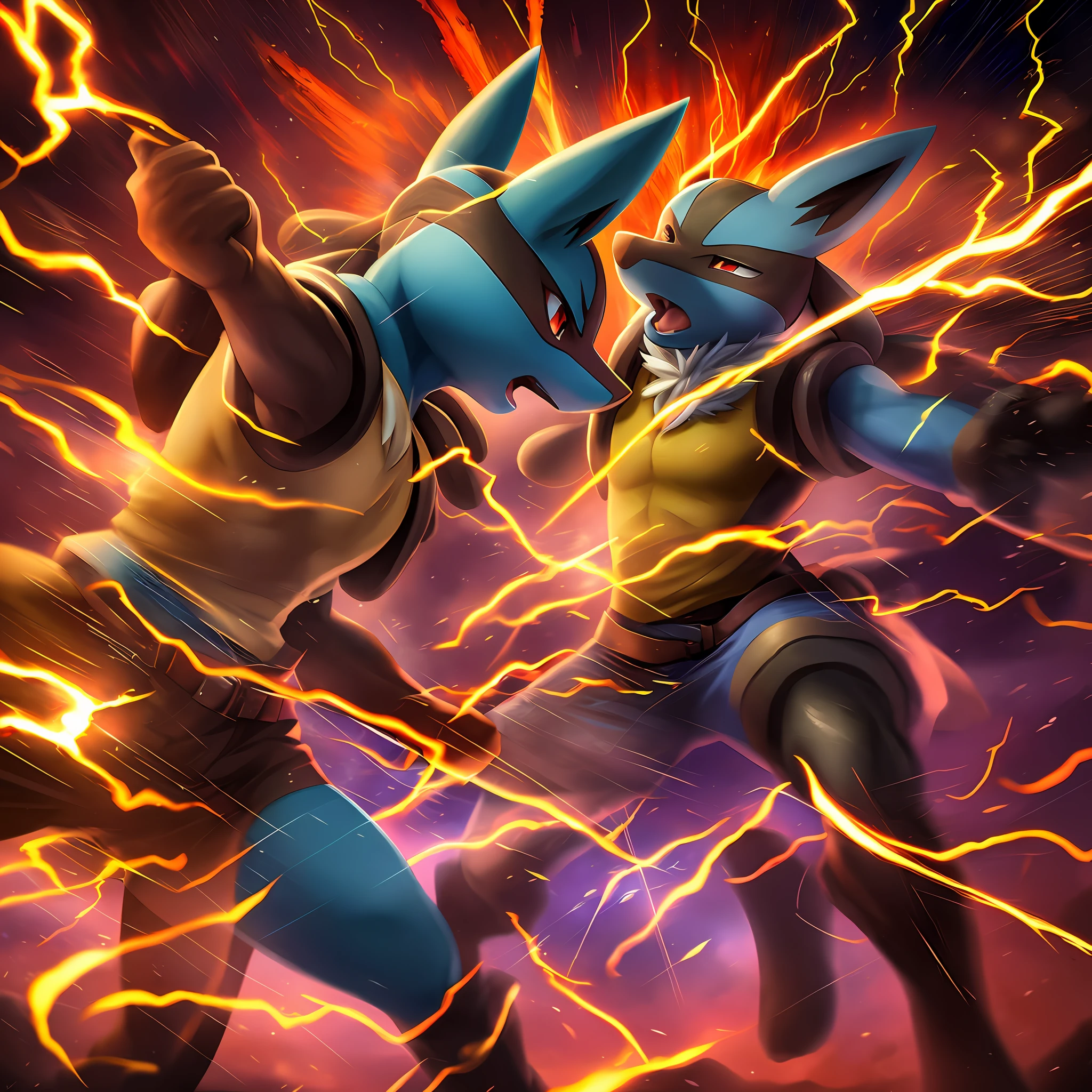 top quality, high-quality illustrations, the beautiful depiction of light seen in Vermeer's works, the intricate portrayal of muscles found in Michelangelo's works((masterpiece))absurdres, Perfect Anatomy, Lucario, full body(Fighting Pose)casting lightning, electricity, swirling fire((dramatic))epic, battlefield, depth of field, bokeh, 4k,